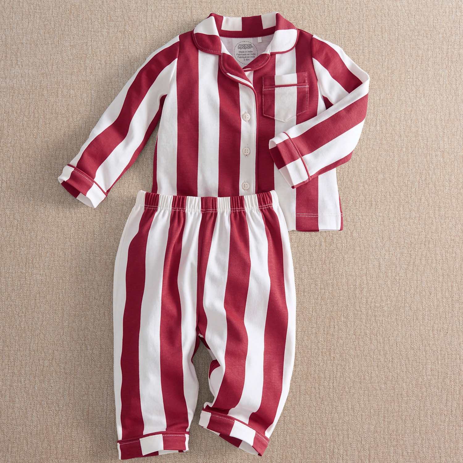 Mamas & Papas Girls Pure Cotton Striped Pyjama Set - 6-9 Months - Red - Available at M&S