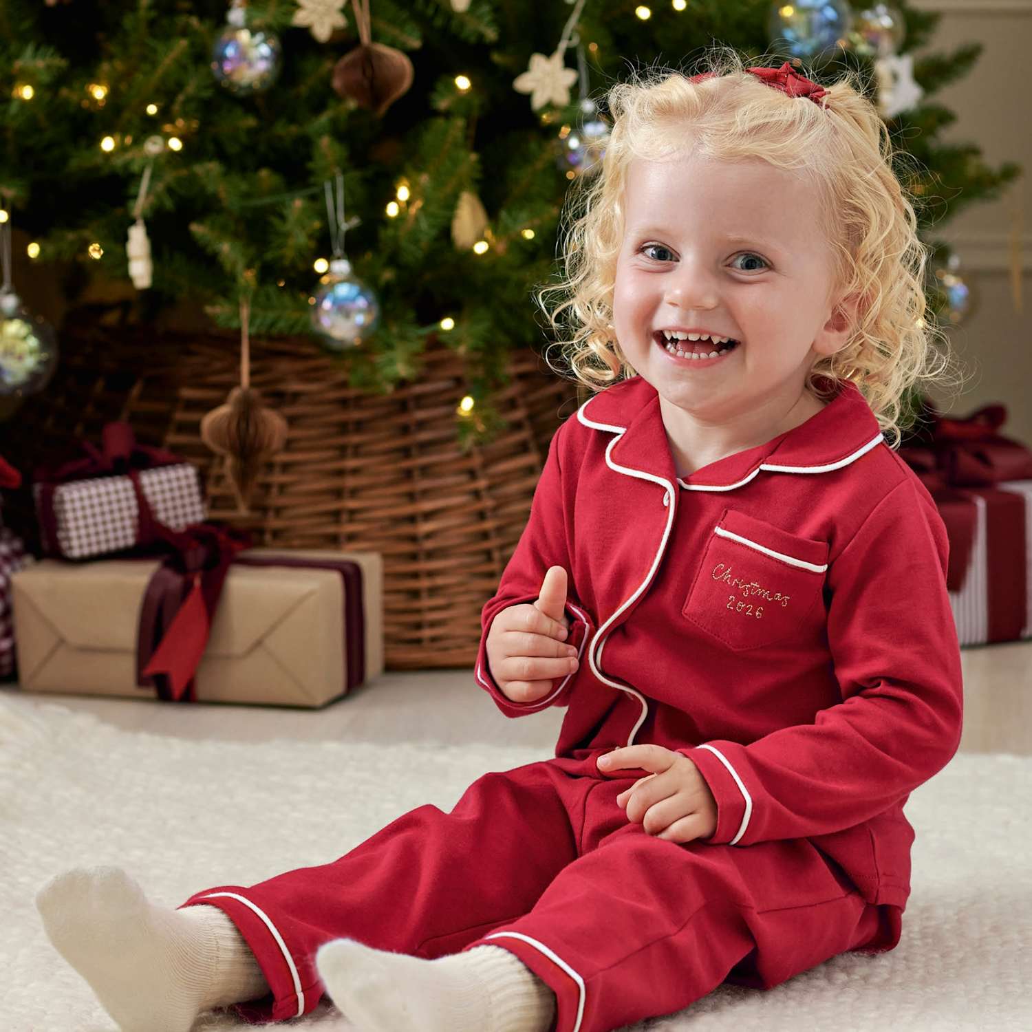Mamas & Papas Girls Pure Cotton Christmas Pyjama Set - 12-18 Months - Red - Available at M&S