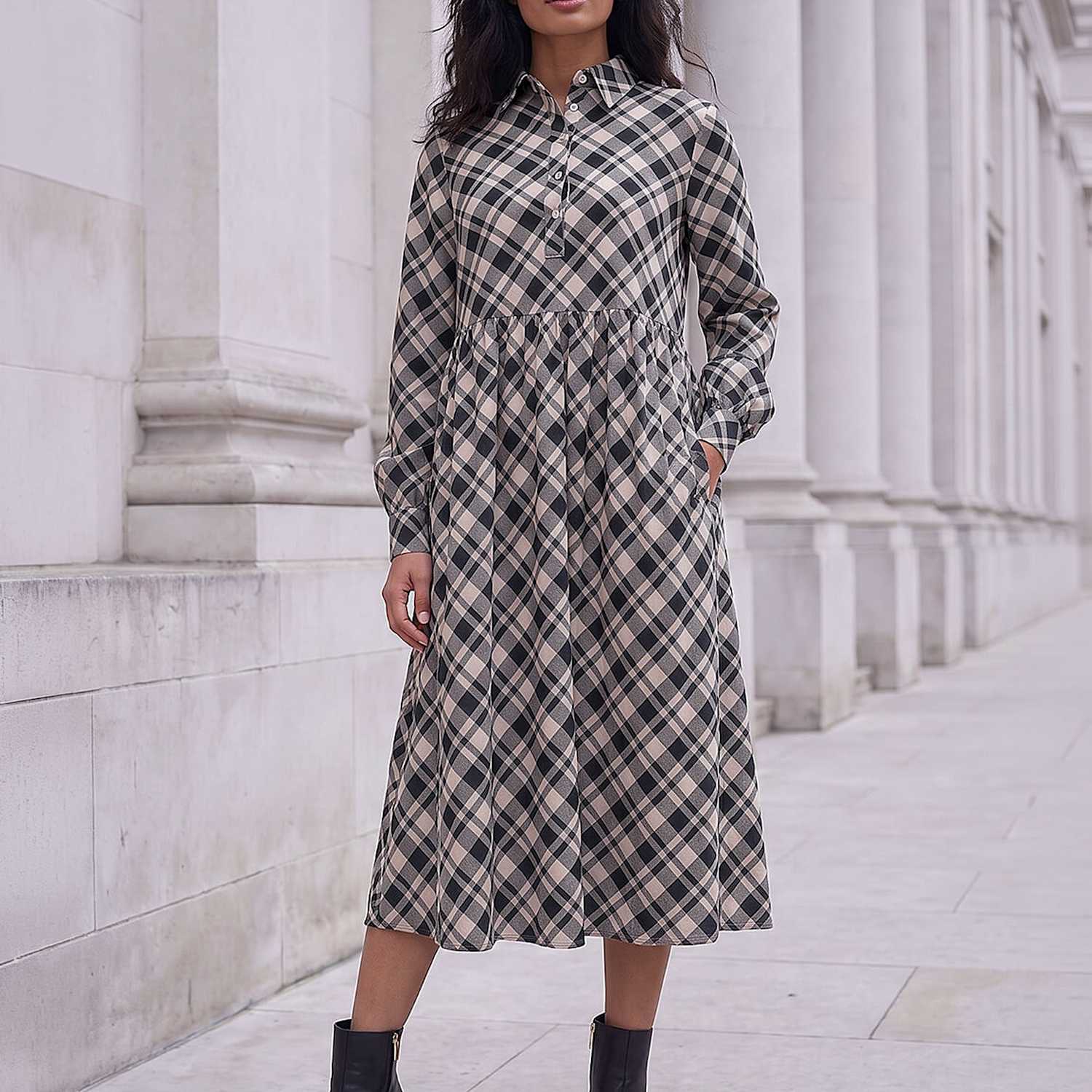 Roman Women's Checked Midi Shirt Dress - 16 - Ivory Mix - Available at M&S