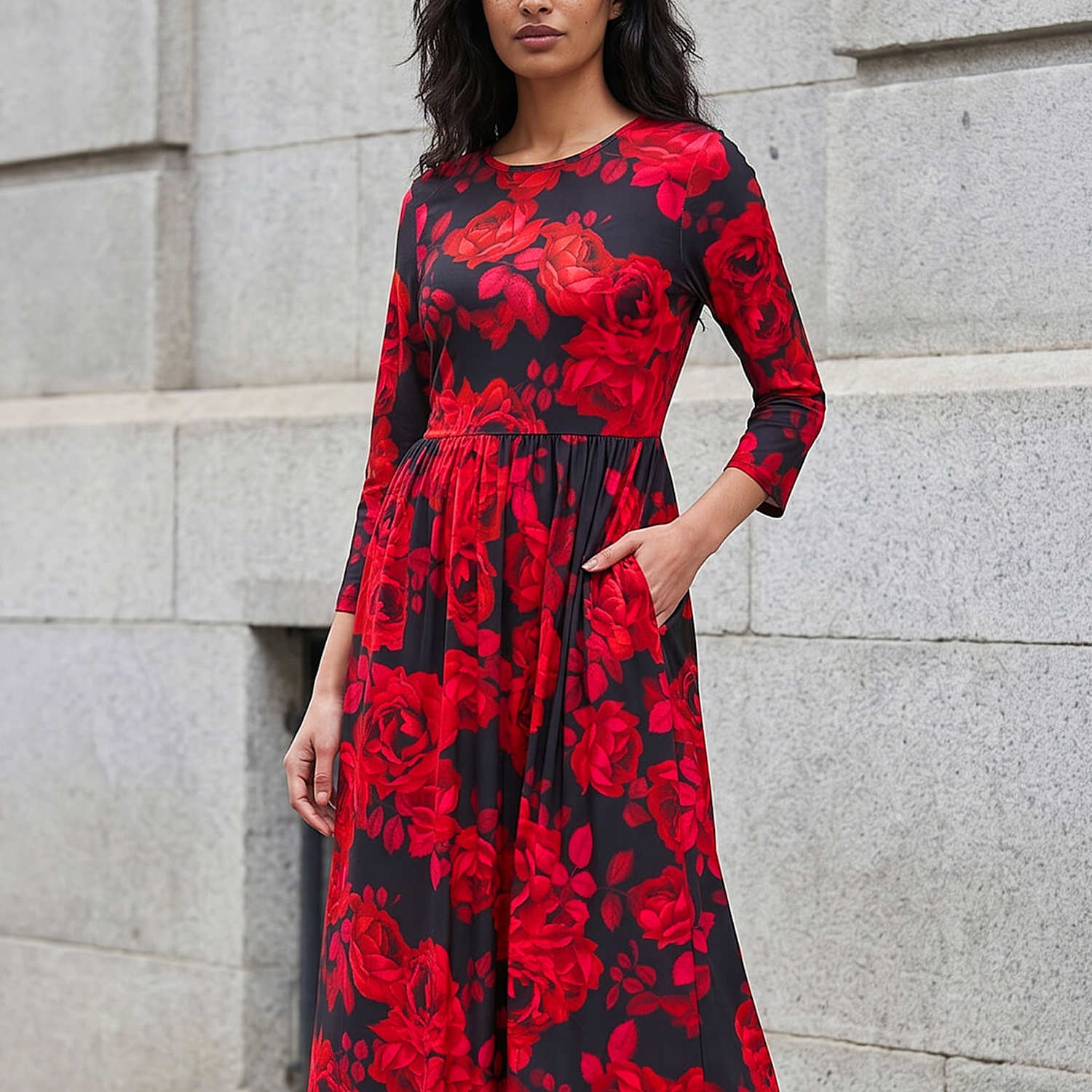 Roman Women's Floral Gathered Midi Dress - 10 - Red Mix - Available at M&S