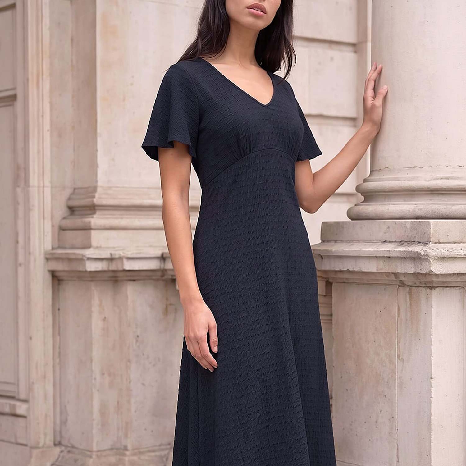 Roman Women's Petite V Neck Fit And Flare Dress - 12 - Navy Mix - Available at M&S
