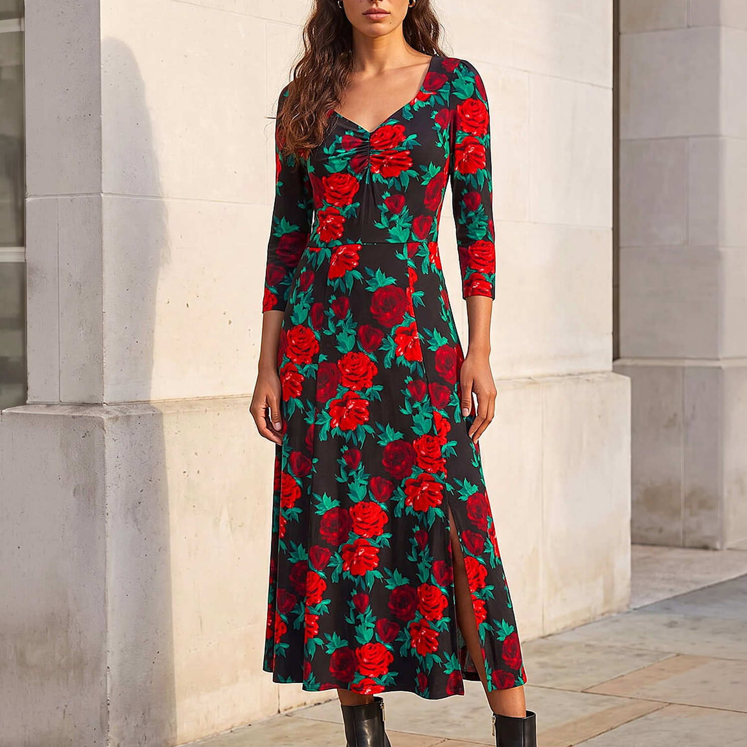 Roman Women's Floral Ruched Split Front Midi Dress - 16 - Red Mix - Available at M&S