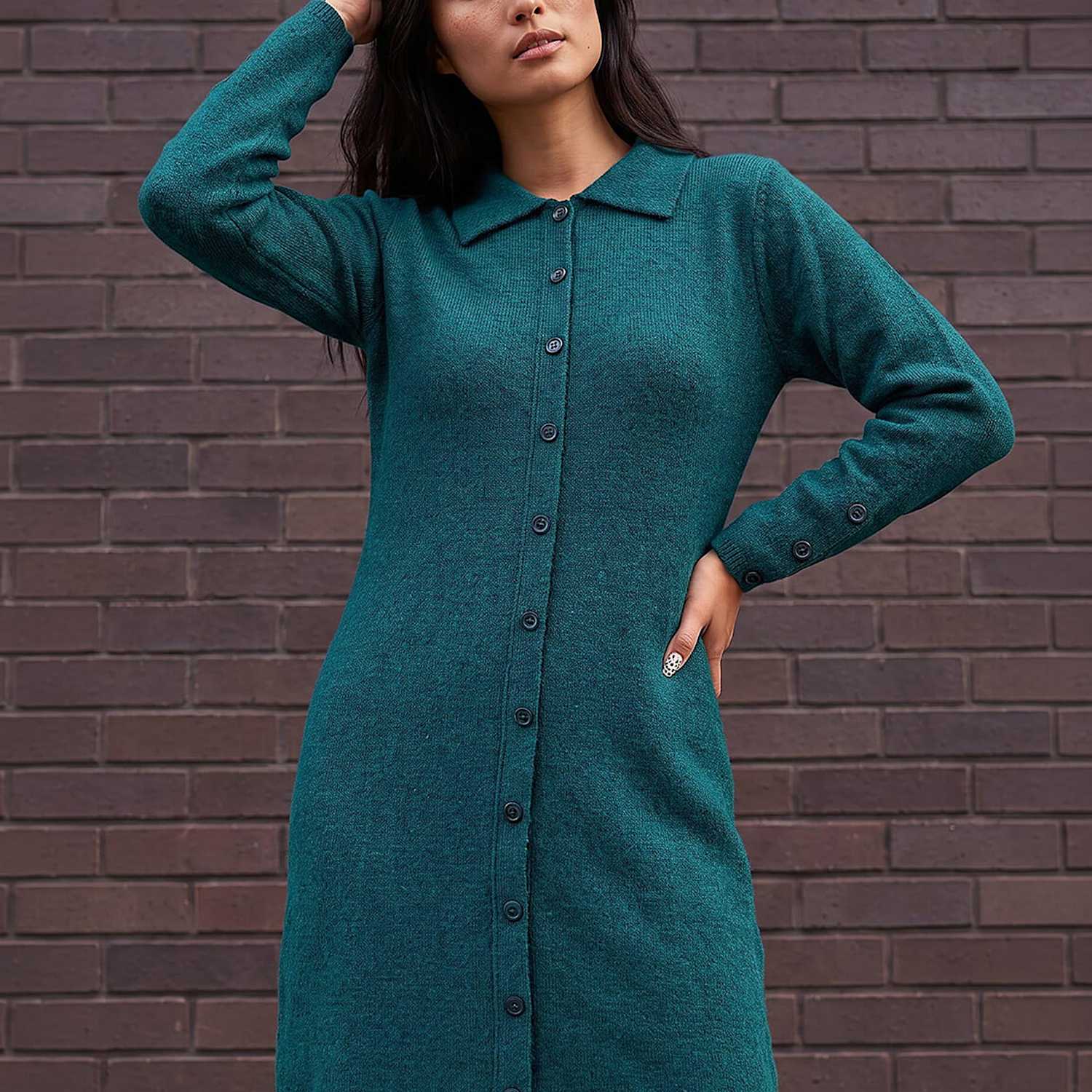 Roman Women's Petite Collared Knitted Shift Dress - 14 - Green Mix - Available at M&S