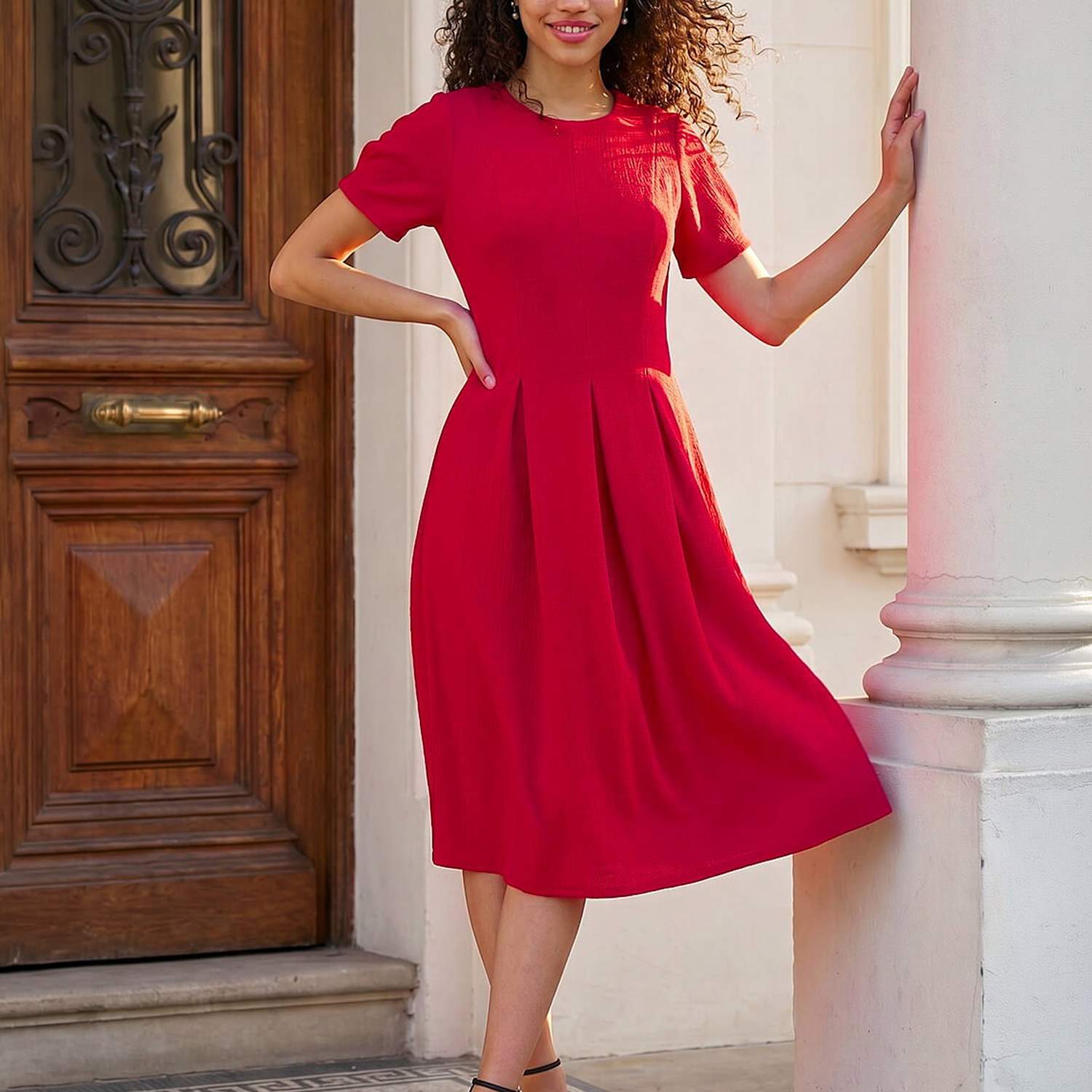 Roman Women's Petite Textured Midi Skater Dress - 18 - Red Mix - Available at M&S