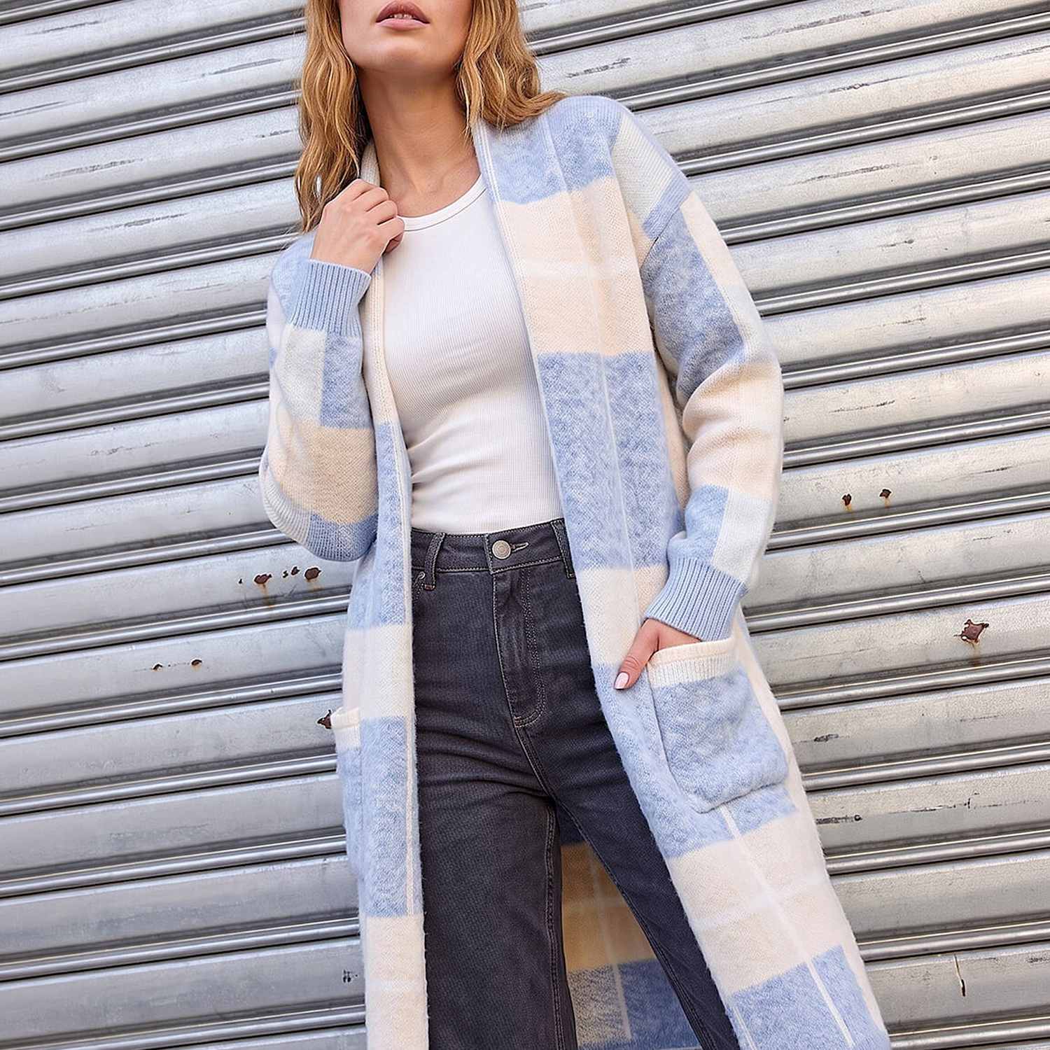 Roman Women's Checked Longline Pocket Detail Cardigan - Small - Light Blue Mix - Available at M&S
