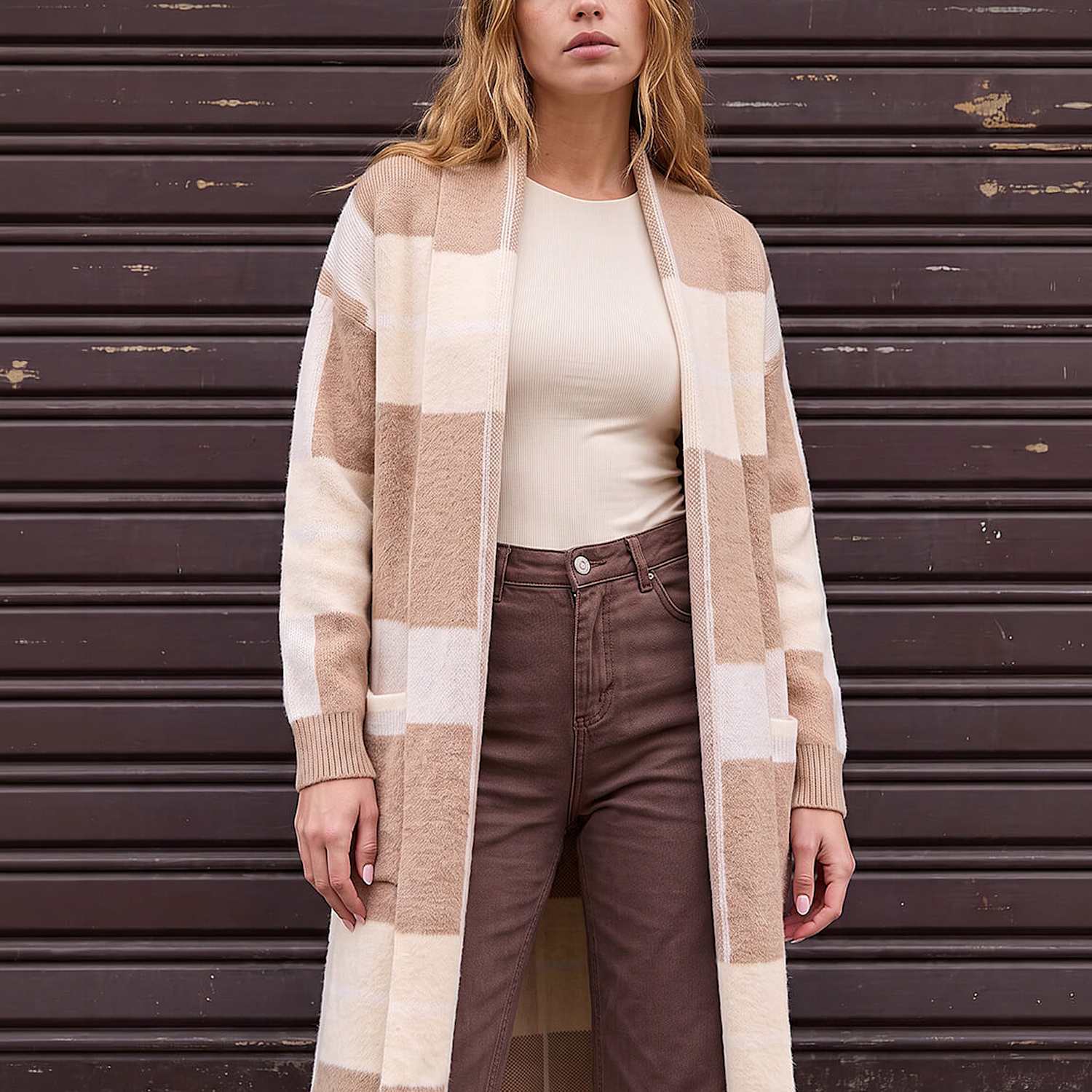 Roman Women's Checked Longline Pocket Detail Cardigan - Large - Beige Mix - Available at M&S