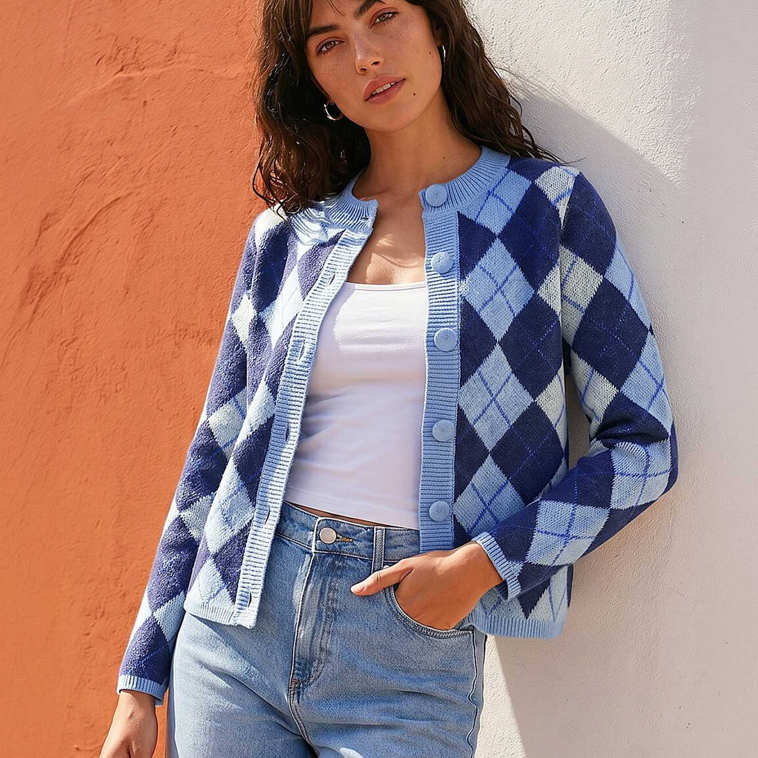 Roman Women's Argyle Button Detail Cardigan - 16 - Blue Mix - Available at M&S