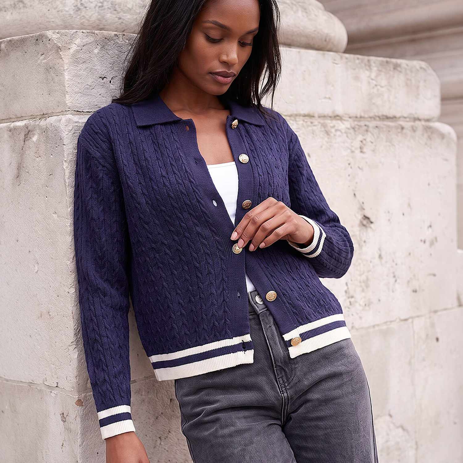 Roman Women's Cable Knit Collared Cardigan - 12 - Navy Mix - Available at M&S
