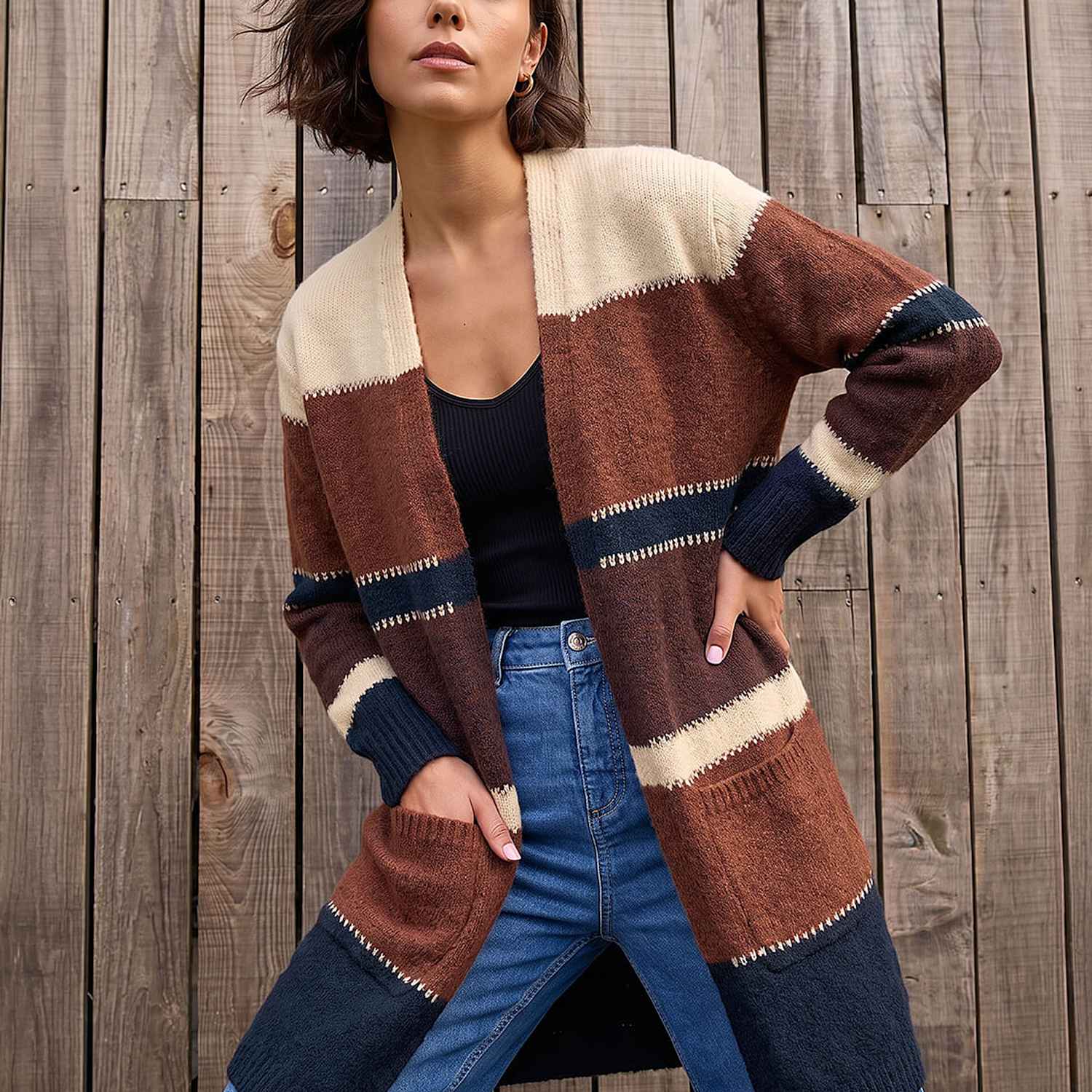 Roman Women's Colour Block Longline Cardigan - 10 - Brown Mix - Available at M&S