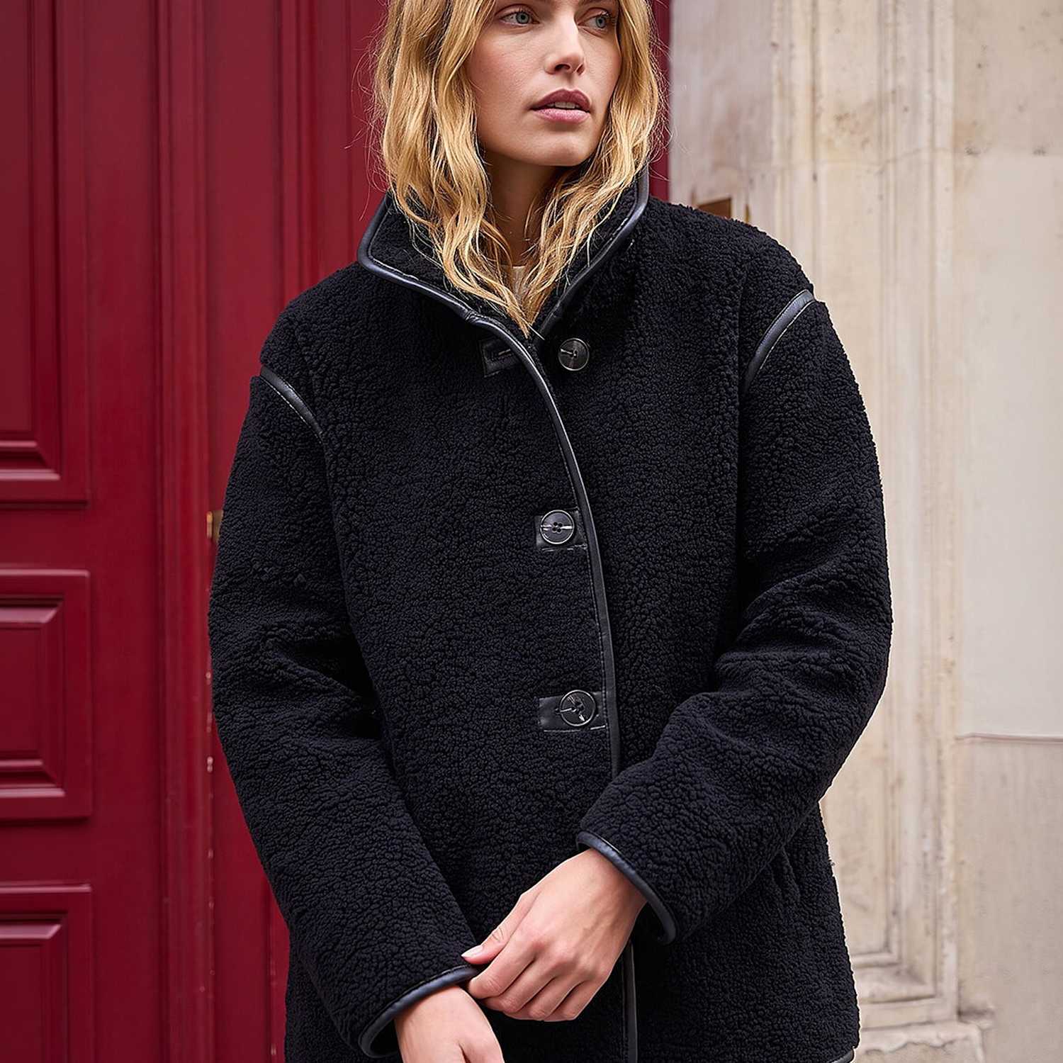 Roman Women's Borg Contrast Piping Coat - 10 - Black Mix - Available at M&S