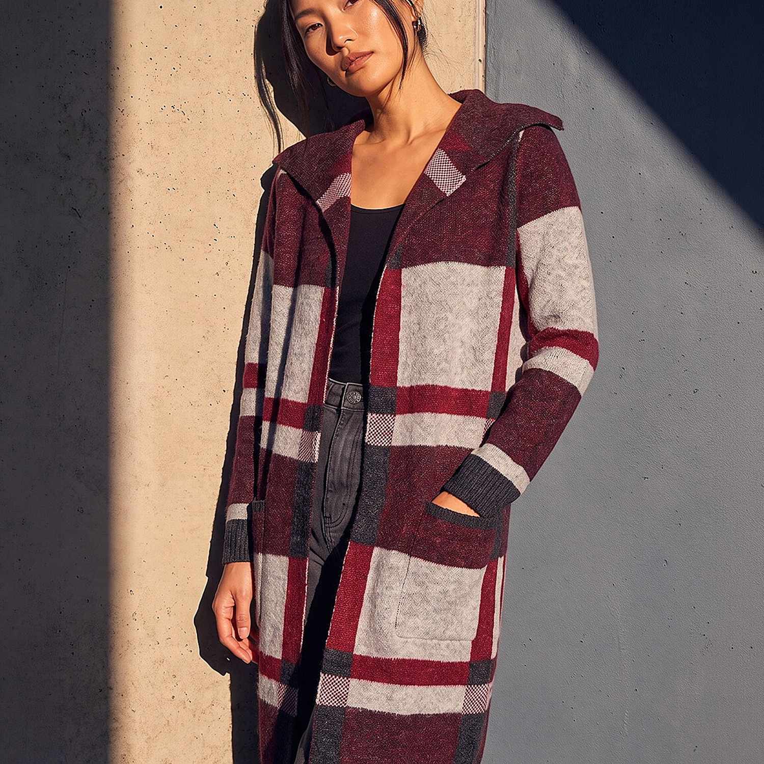Roman Women's Checked Longline Cardigan - 12 - Red Mix - Available at M&S