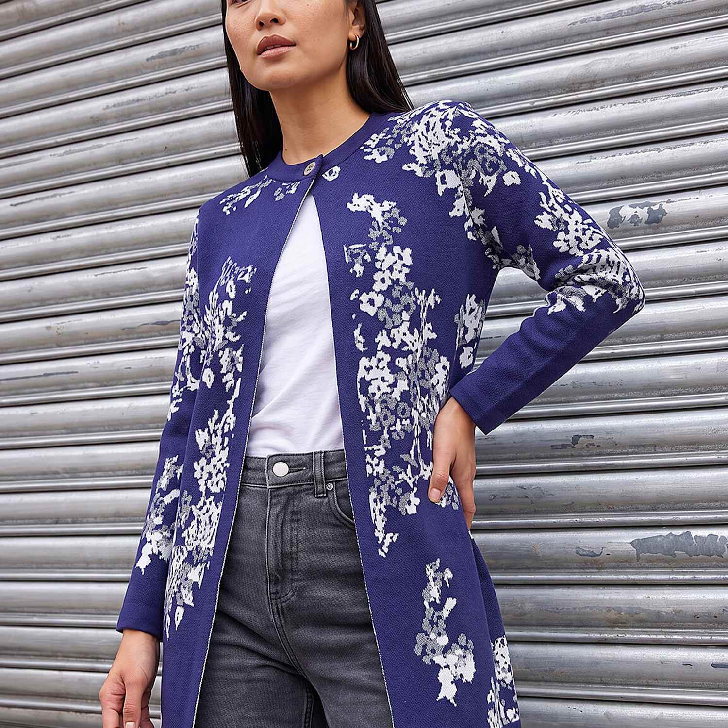 Roman Women's Floral Jacquard Knitted Coatigan - 16 - Blue Mix - Available at M&S