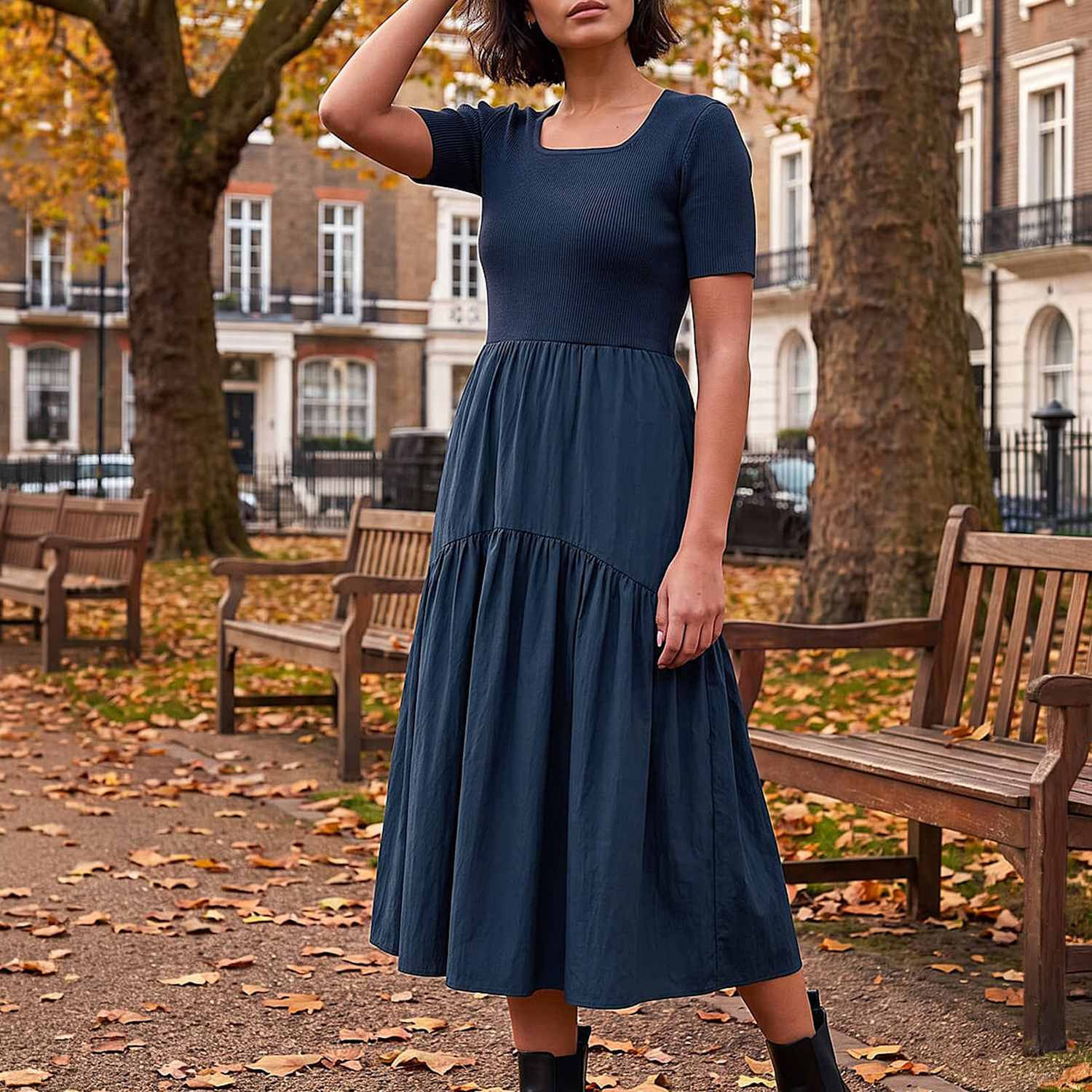 Roman Women's Knit Woven Mix Knee Length Dress - 18 - Navy Mix - Available at M&S