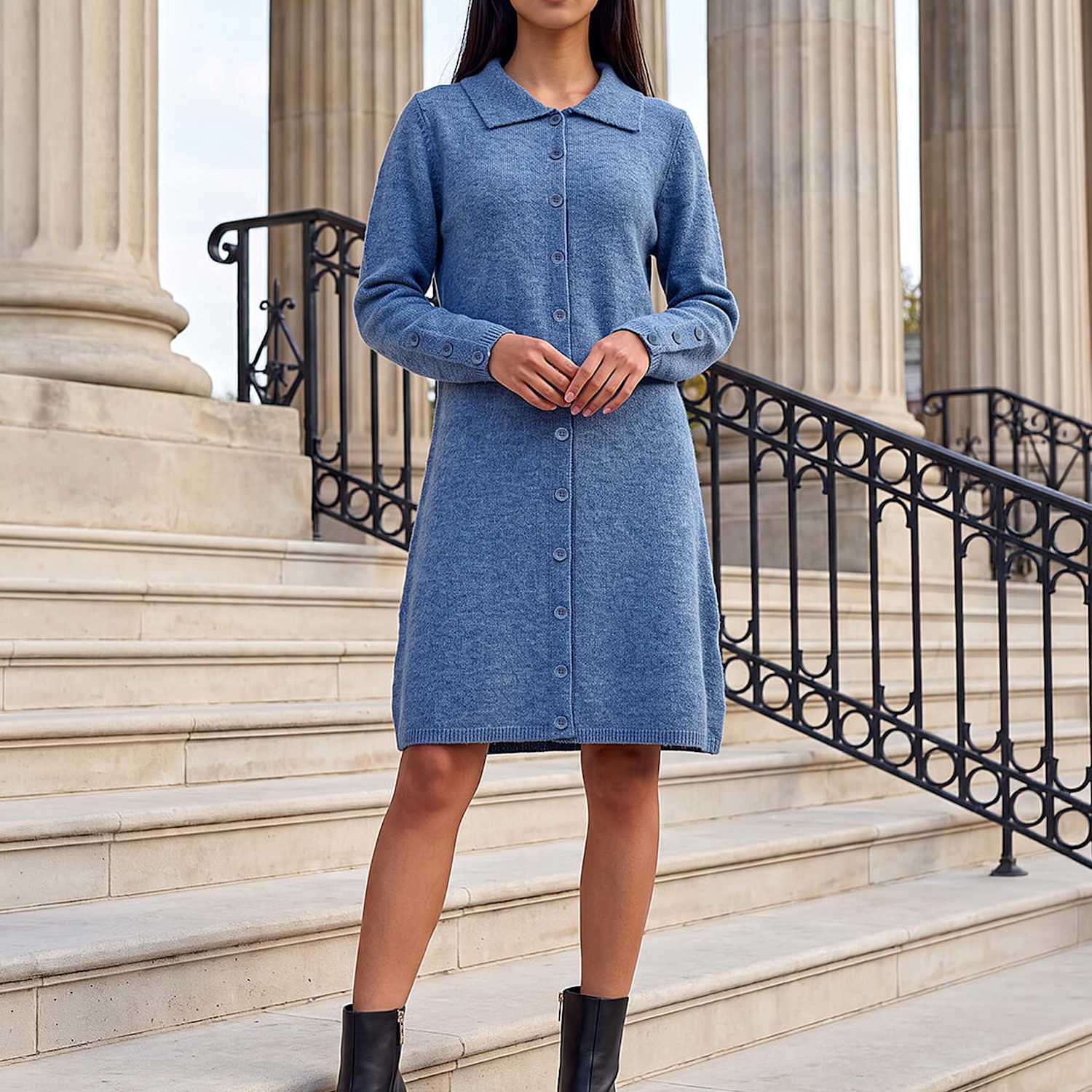 Roman Women's Petite Collared Knitted Shift Dress - 18 - Blue Mix - Available at M&S