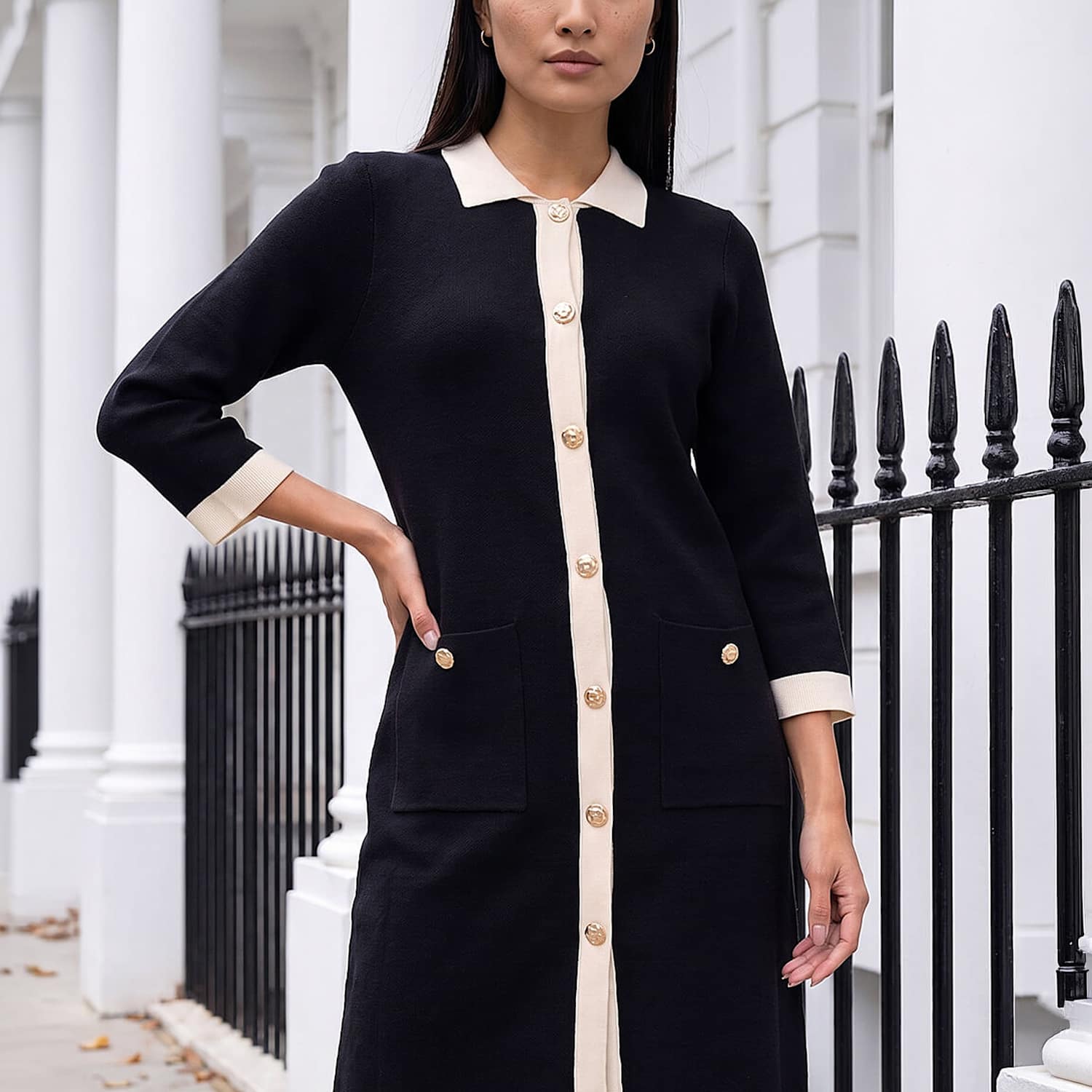 Roman Women's Contrast Collar Knitted Dress - 16 - Black Mix - Available at M&S