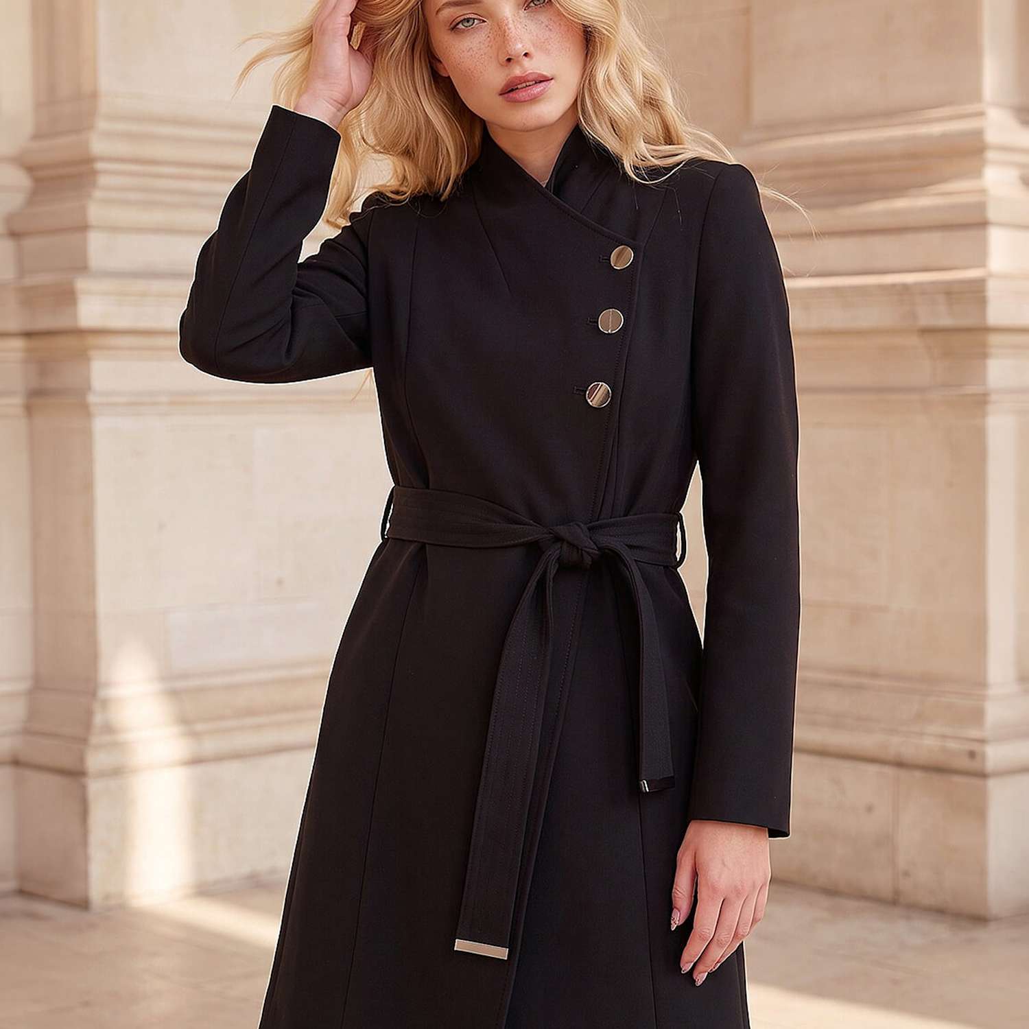 Roman Women's Petite Collared Wrap Coat - 16 - Black Mix - Available at M&S