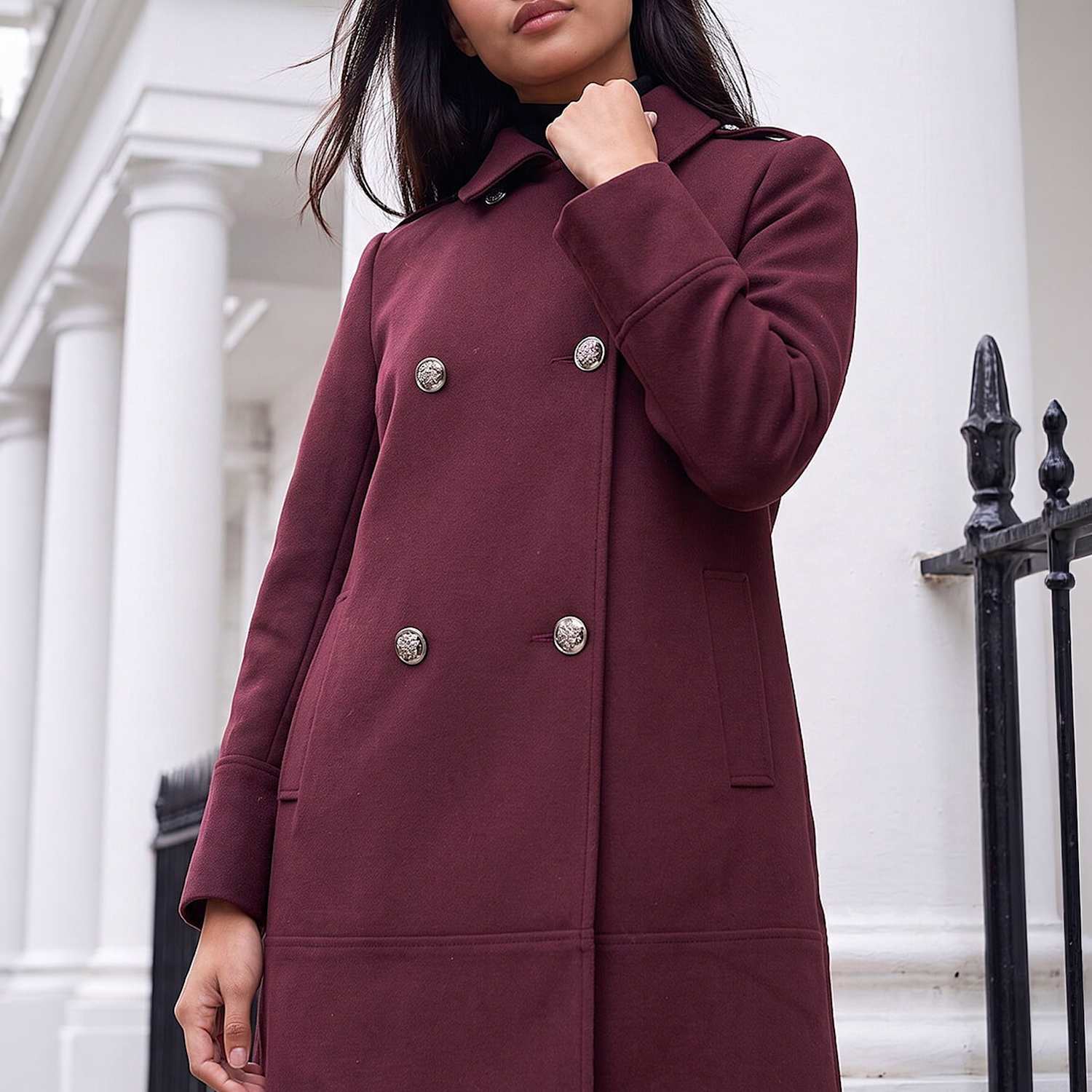 Roman Women's Petite Collared Double Breasted Coat - 10 - Burgundy Mix - Available at M&S