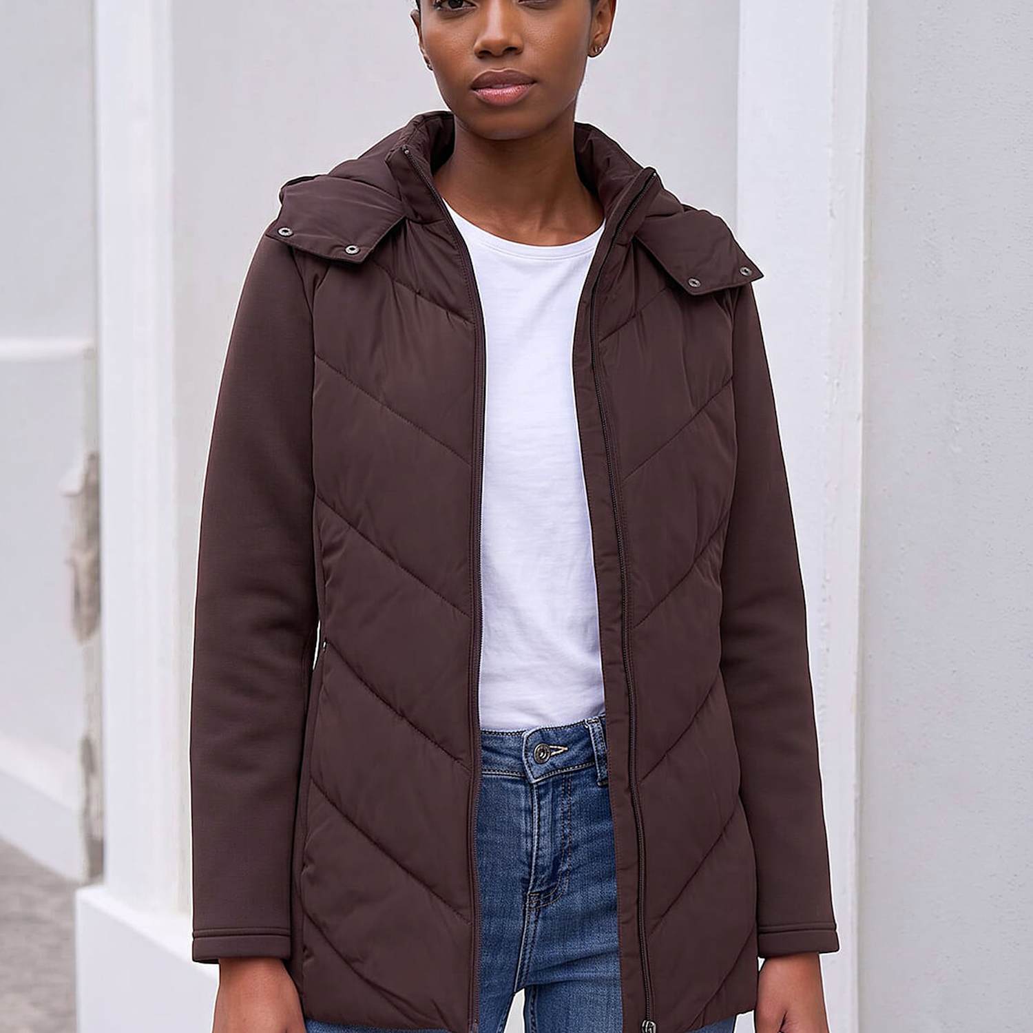 Roman Women's Petite Chevron Quilted Hooded Coat - 18 - Chocolate - Available at M&S