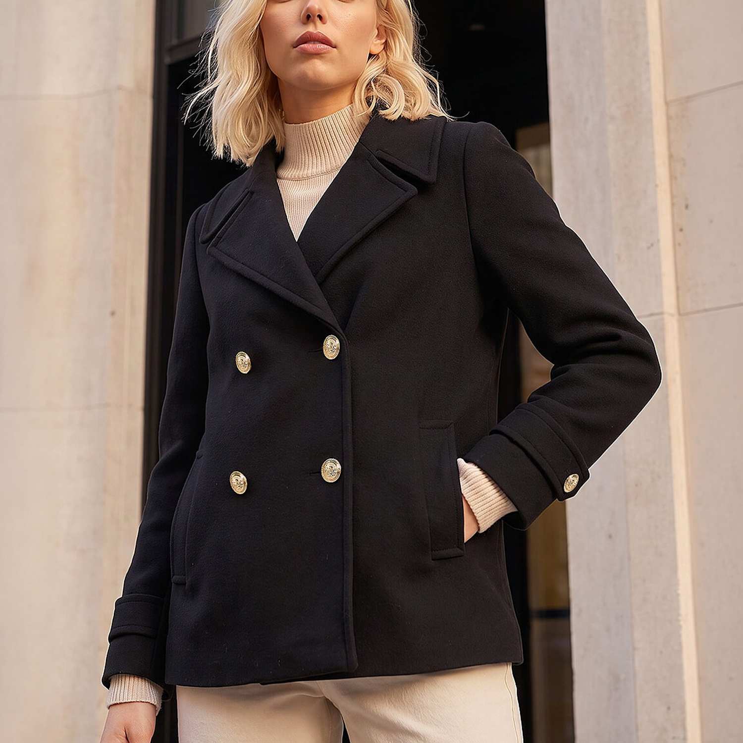 Roman Women's Petite Collared Double Breasted Coat - 16 - Black Mix - Available at M&S