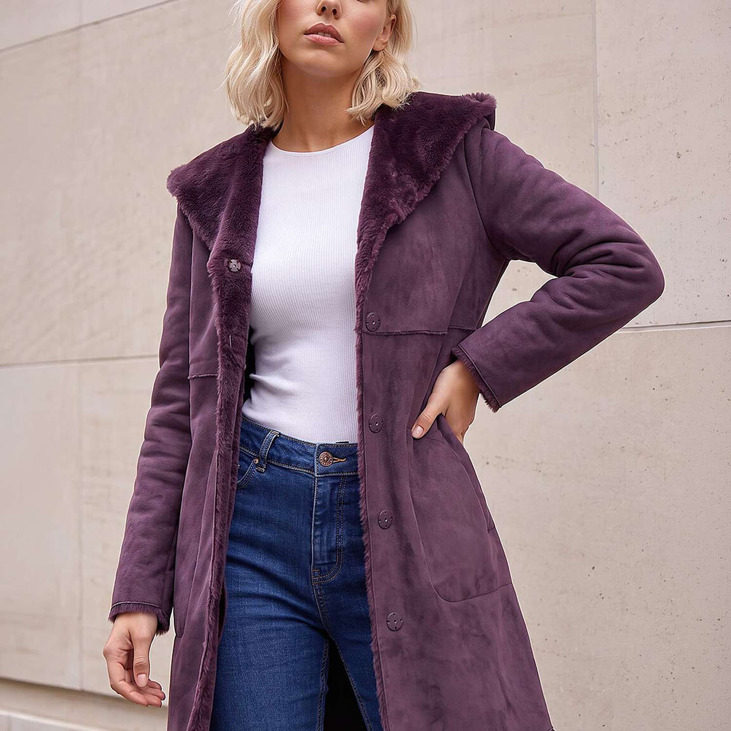 Roman Women's Petite Faux Shearling Reversible Hooded Coat - 18 - Burgundy Mix - Available at M&S
