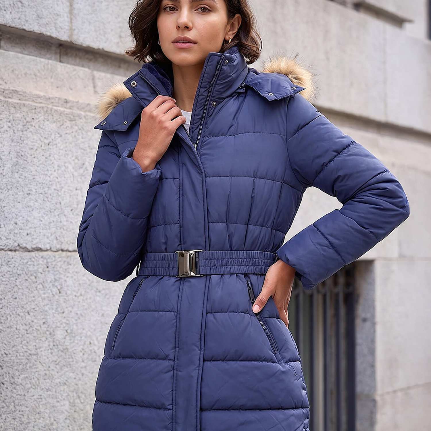 Roman Women's Padded Belted Faux Fur Trim Coat - 16 - Navy Mix - Available at M&S