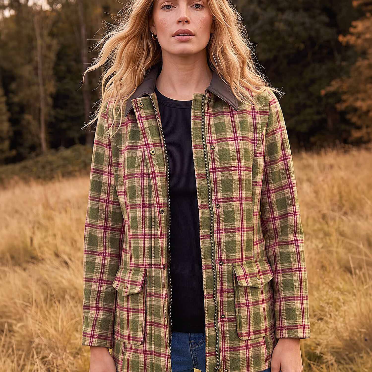 Roman Women's Petite Checked Collared Car Coat - 8 - Green Mix - Available at M&S