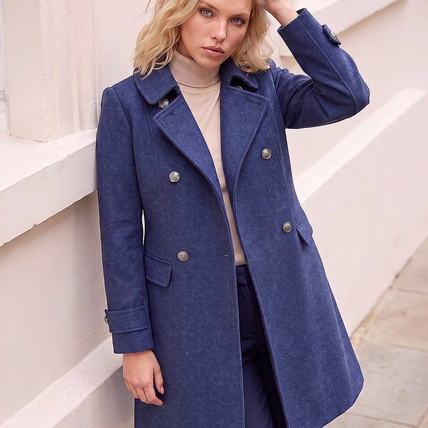 Roman Women's Petite Double Breasted Military Coat - 8 - Denim Mix - Available at M&S