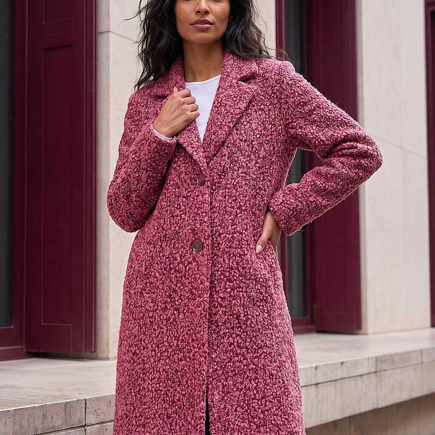 Roman Women's Teddy Single Breasted Coat - 14 - Burgundy Mix - Available at M&S