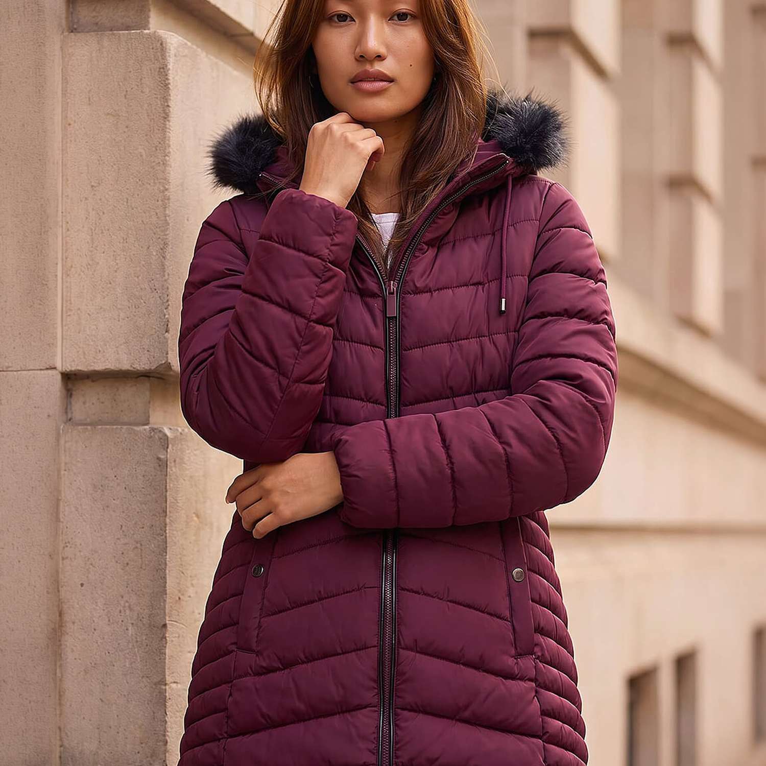 Roman Women's Padded Faux Fur Trim Hooded Coat - 20 - Burgundy Mix - Available at M&S