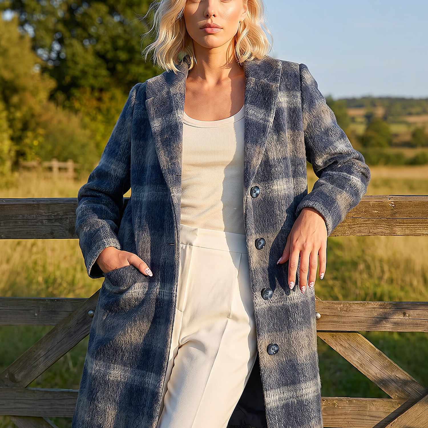 Roman Women's Petite Checked High Neck Coat - 12 - Navy Mix - Available at M&S