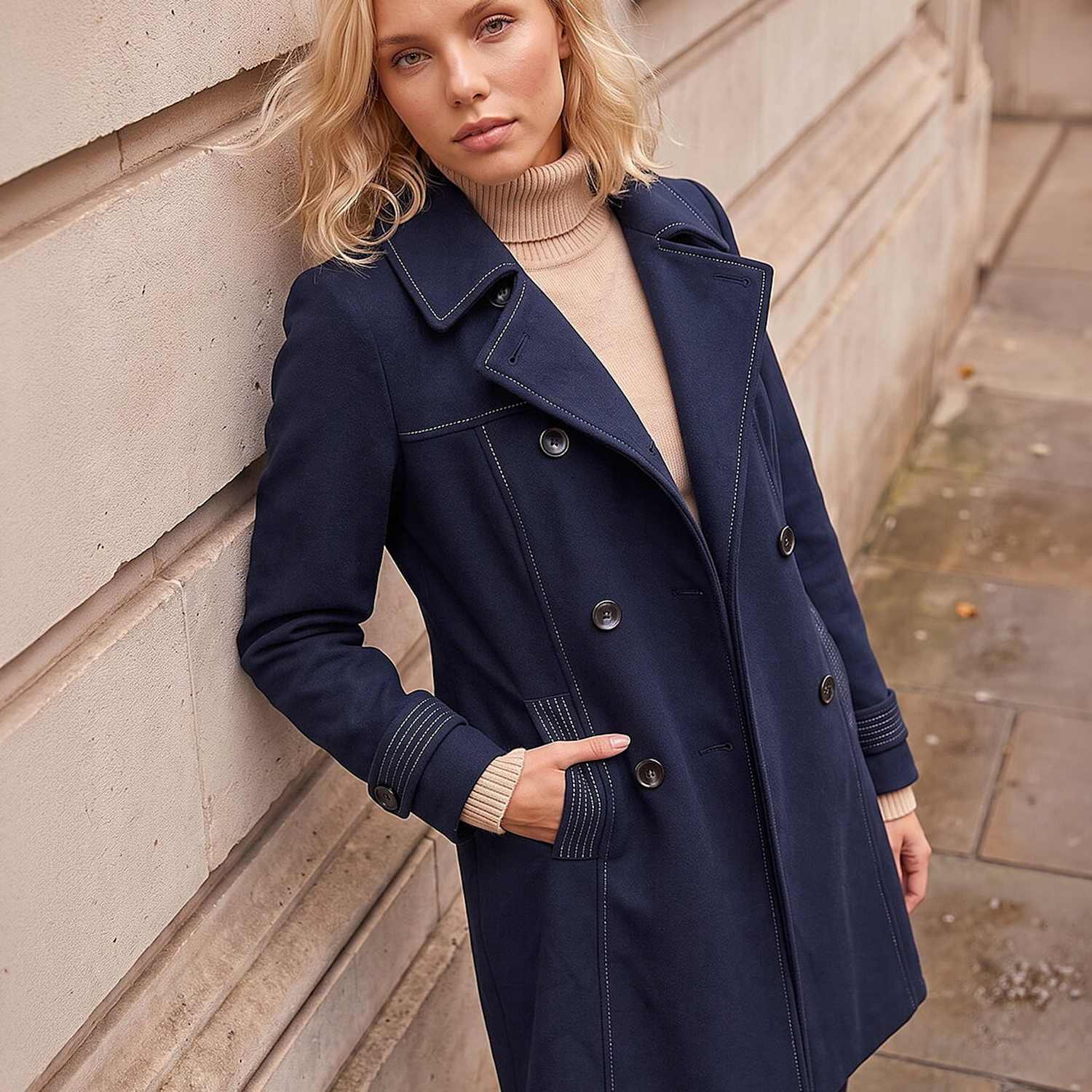 Roman Women's Petite Collared Double Breasted Tailored Coat - 8 - Navy Mix - Available at M&S
