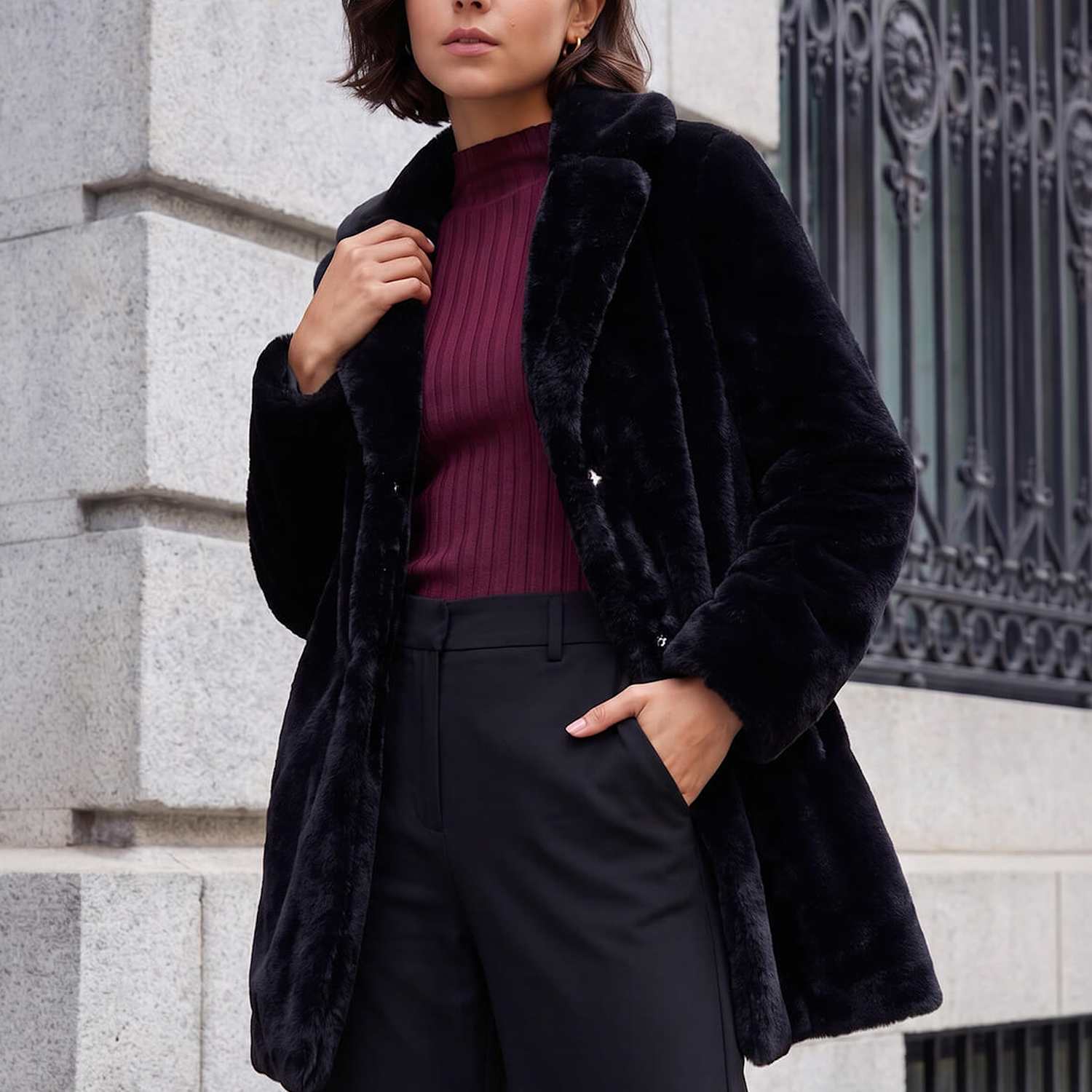 Roman Women's Faux Fur Revere Collar Longline Coat - 18 - Black Mix - Available at M&S