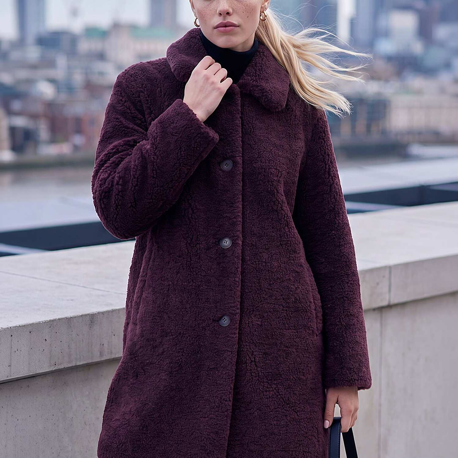 Roman Women's Petite Faux Shearling Single Breasted Coat - 12 - Burgundy Mix - Available at M&S