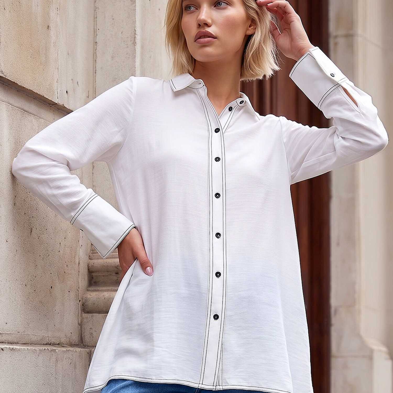 Roman Women's Contrast Stitch Shirt - 14 - Ivory Mix - Available at M&S