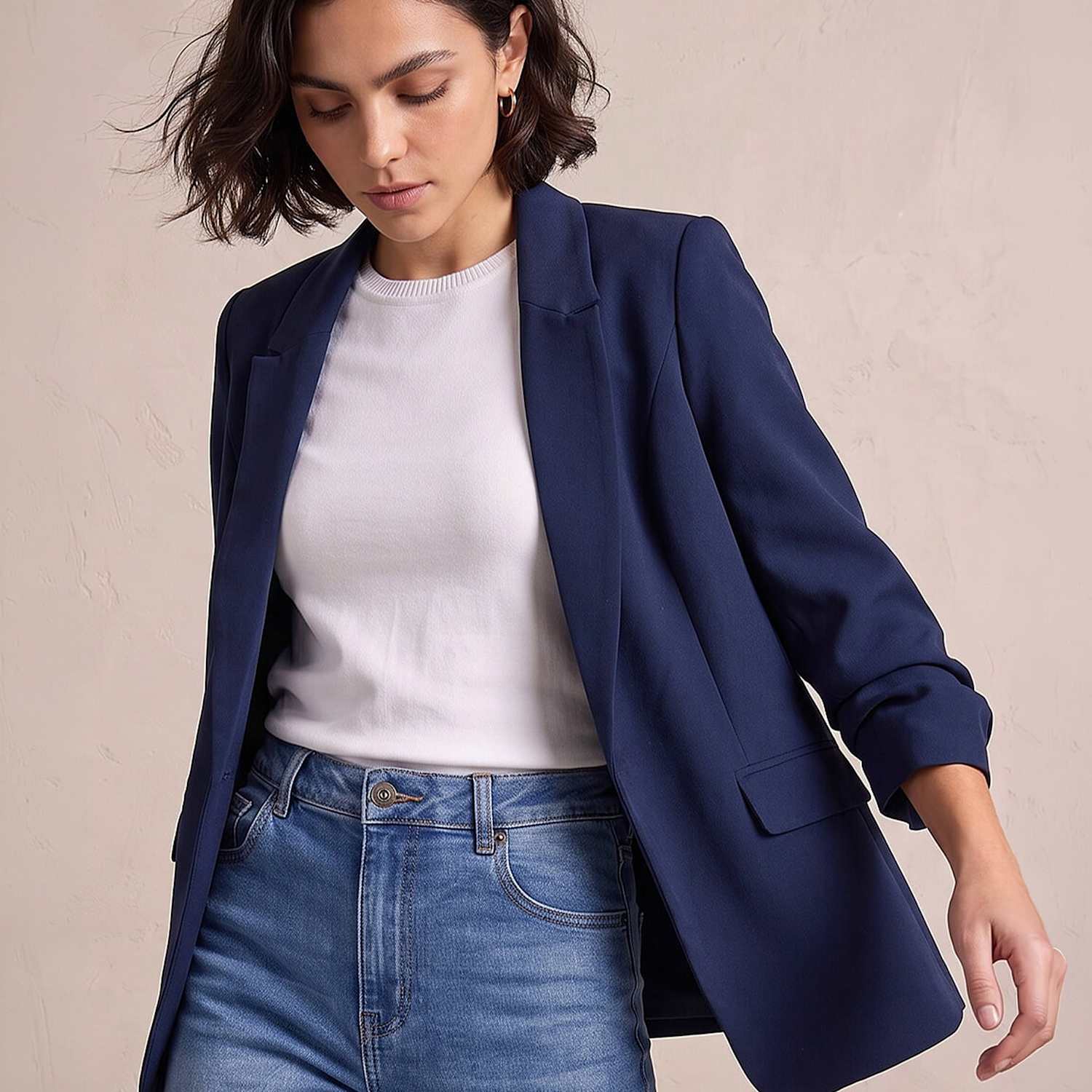 Roman Women's Ruched Sleeve Oversized Cropped Blazer Jacket - 18 - Navy Mix - Available at M&S