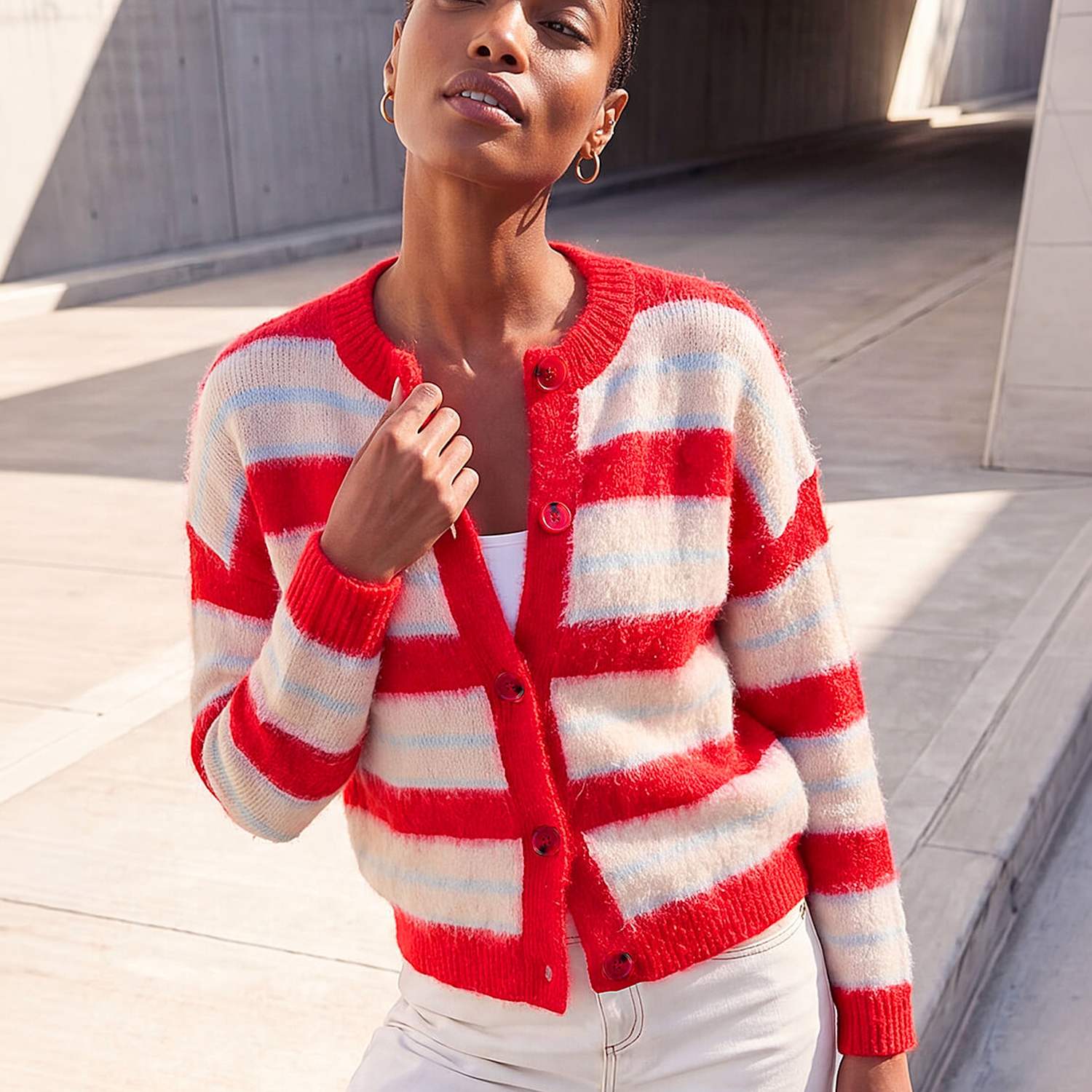 Roman Women's Striped Cardigan With Wool - 12 - Red Mix - Available at M&S