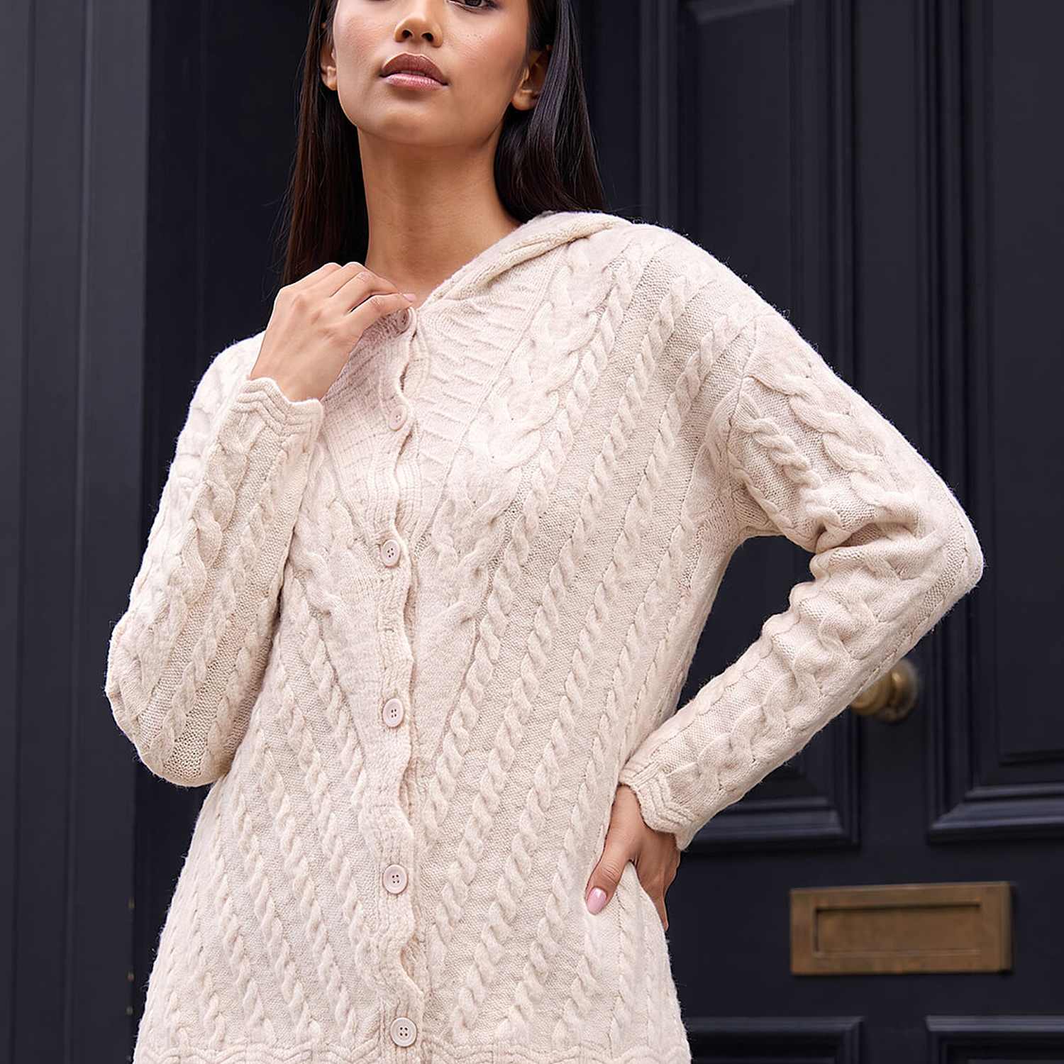 Roman Women's Petite Cable Knit Button Front Hooded Cardigan - 14 - Cream Mix - Available at M&S