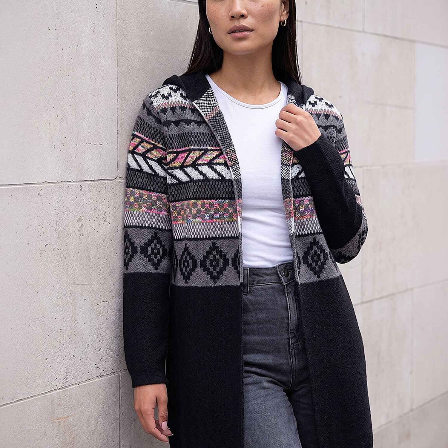 Roman Women's Nordic Pattern Hooded Cardigan - 14 - Black Mix - Available at M&S