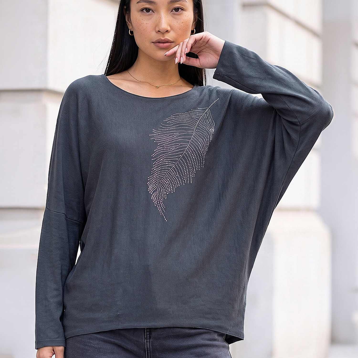 Roman Women's Embellished Feather Ankle Grazing Top - Medium - Grey Mix - Available at M&S