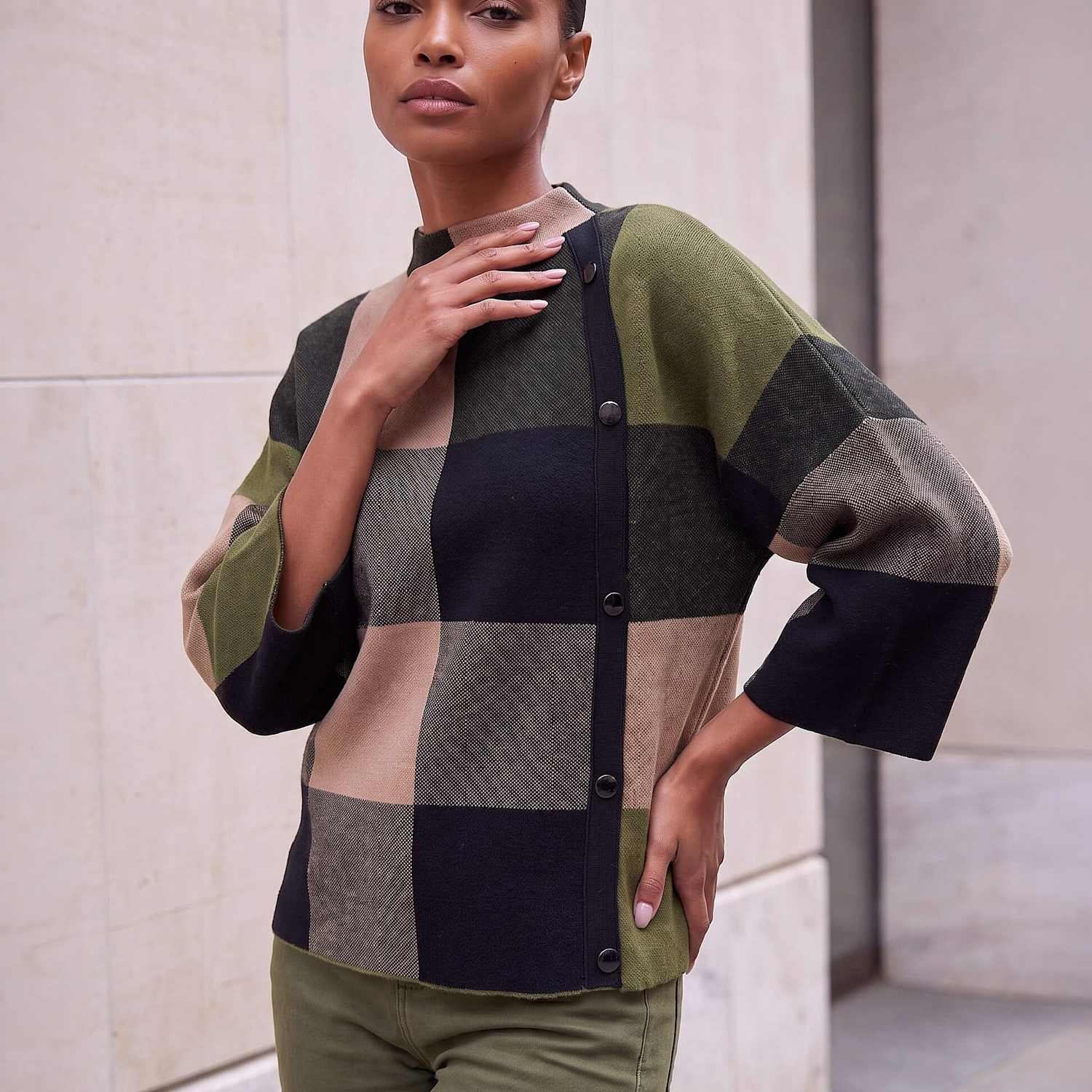 Roman Women's Checked Button Detail Knitted Cape - 20 - Green Mix - Available at M&S