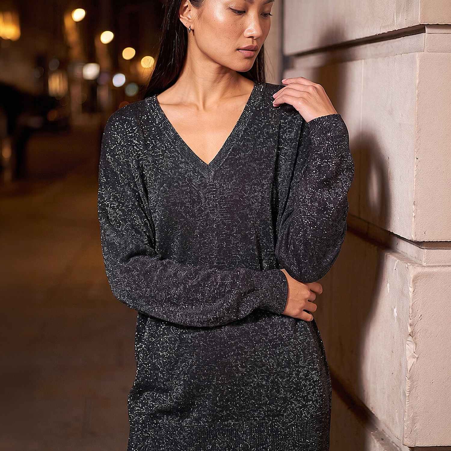Roman Women's Rayon Rich Metallic V Neck Blouson Sleeve Relaxed Jumper - 16 - Black Mix - Available at M&S