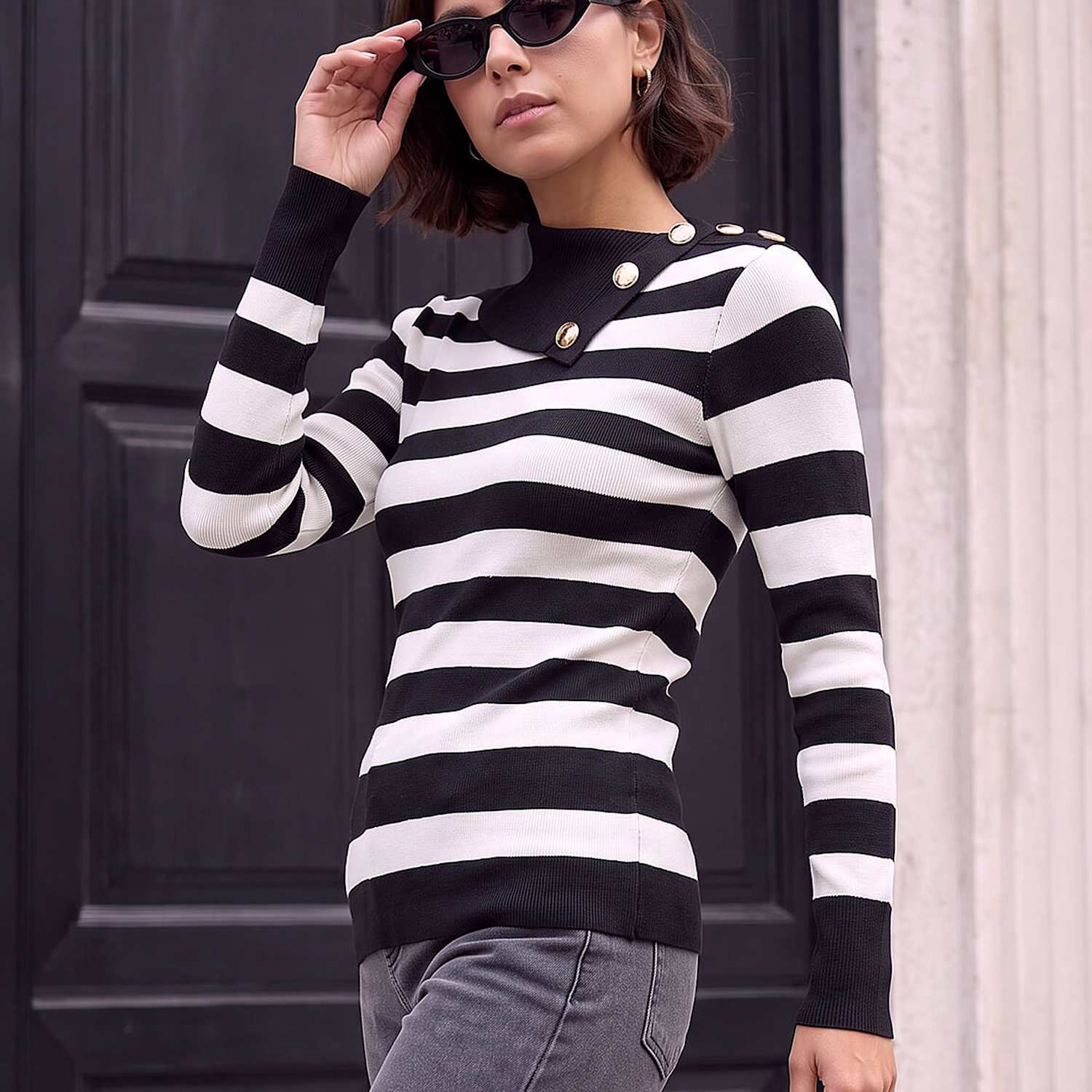 Roman Women's Rayon Rich Striped Button Detail Jumper - 16 - Black Mix - Available at M&S
