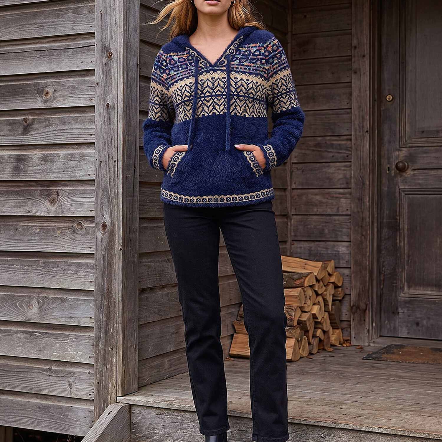 Roman Women's Fluffy Nordic Pattern Hooded Neck Jumper - 18 - Navy Mix - Available at M&S