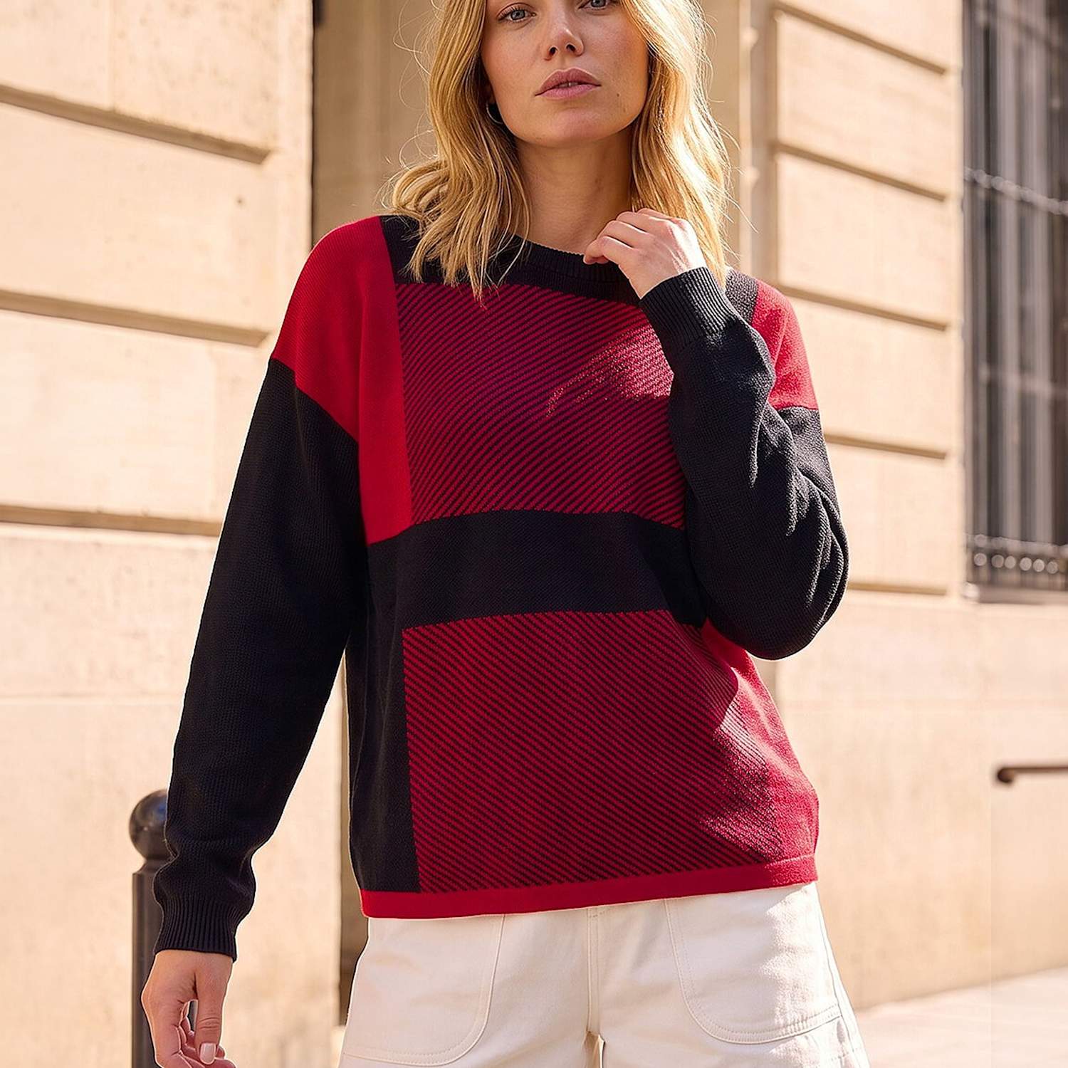 Roman Women's Cotton Blend Colour Block Jumper - 18 - Red Mix - Available at M&S