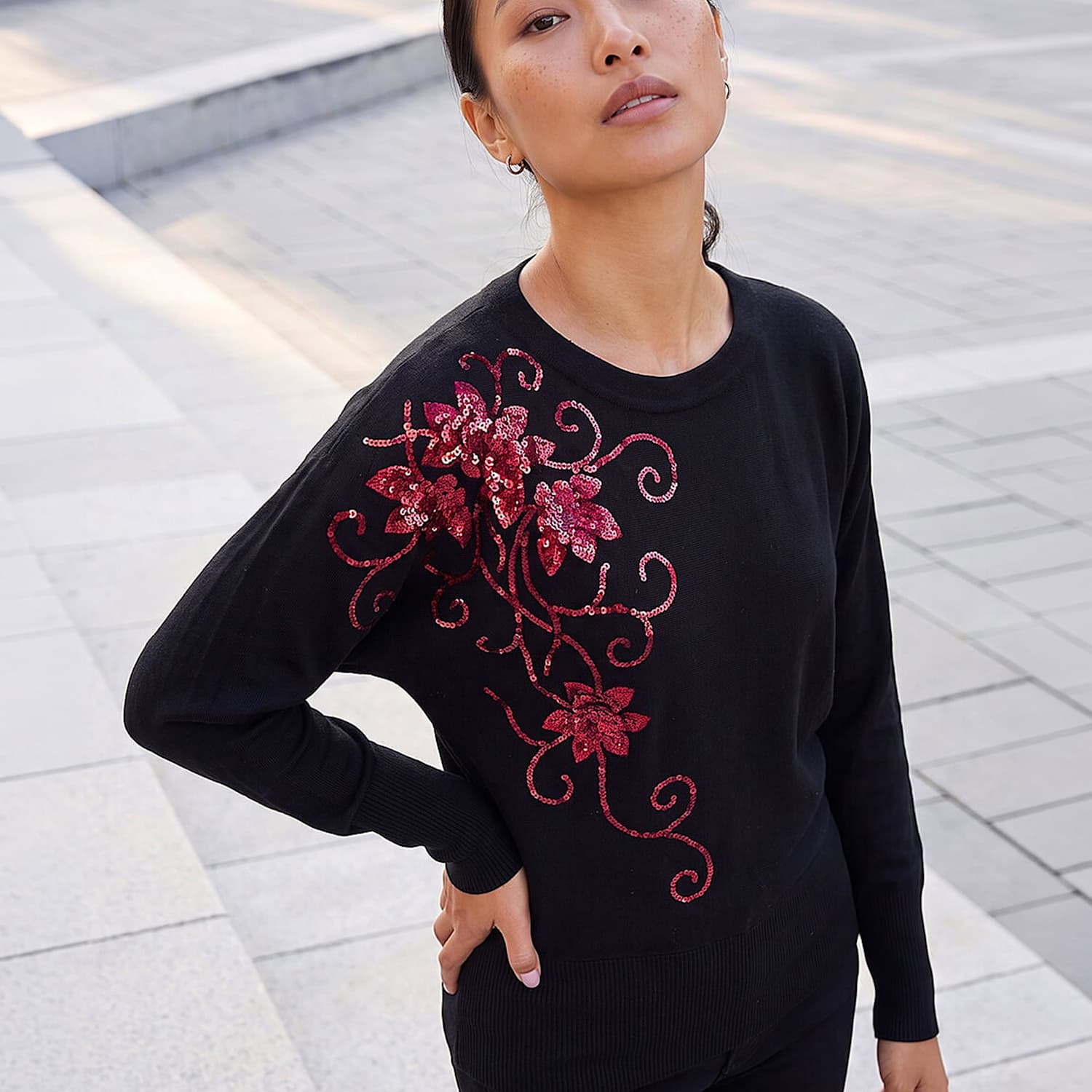 Roman Women's Rayon Rich Sequin Floral Batwing Sleeve Jumper - 14 - Black Mix - Available at M&S