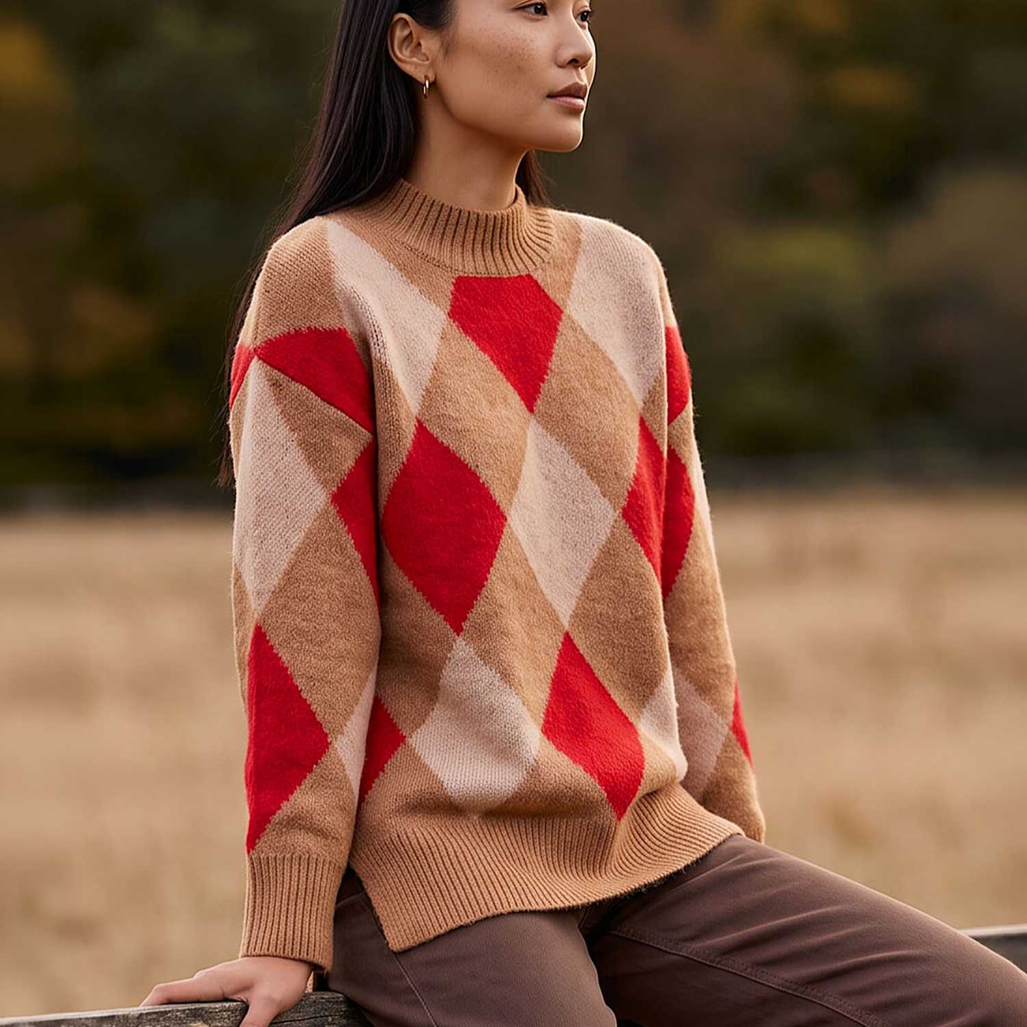 Roman Women's Rayon Blend Argyle Jumper - 14 - Camel Mix - Available at M&S