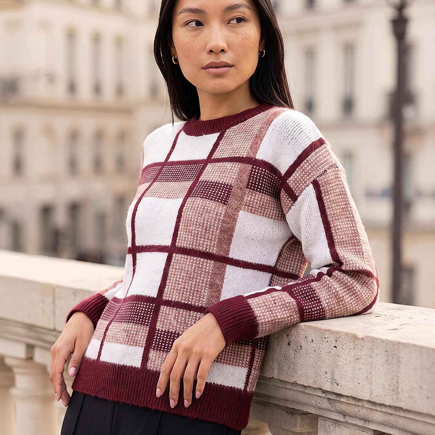 Roman Women's Checked Jumper - 12 - Burgundy Mix - Available at M&S