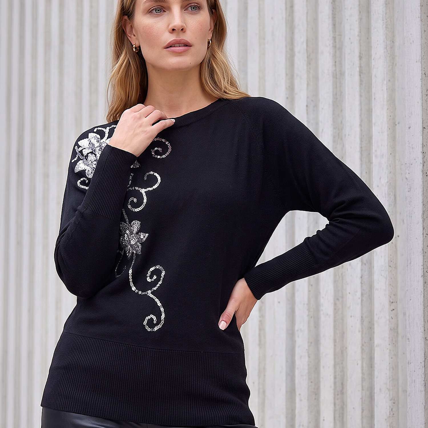 Roman Women's Rayon Rich Sequin Floral Batwing Sleeve Jumper - 12 - Black Mix - Available at M&S