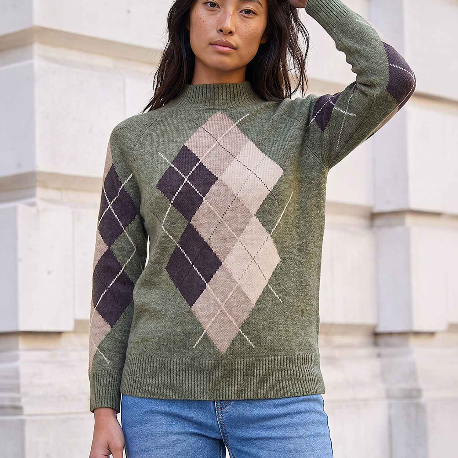 Roman Women's Petite Argyle Jumper - 18 - Khaki Mix - Available at M&S