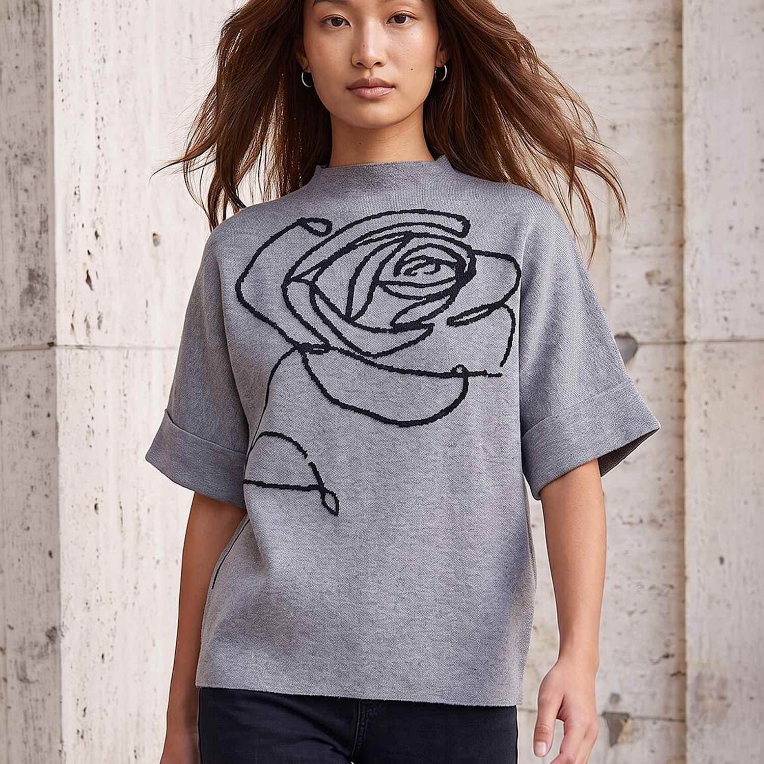 Roman Women's Rayon Blend Rose High Neck Jumper - Large - Grey Mix - Available at M&S